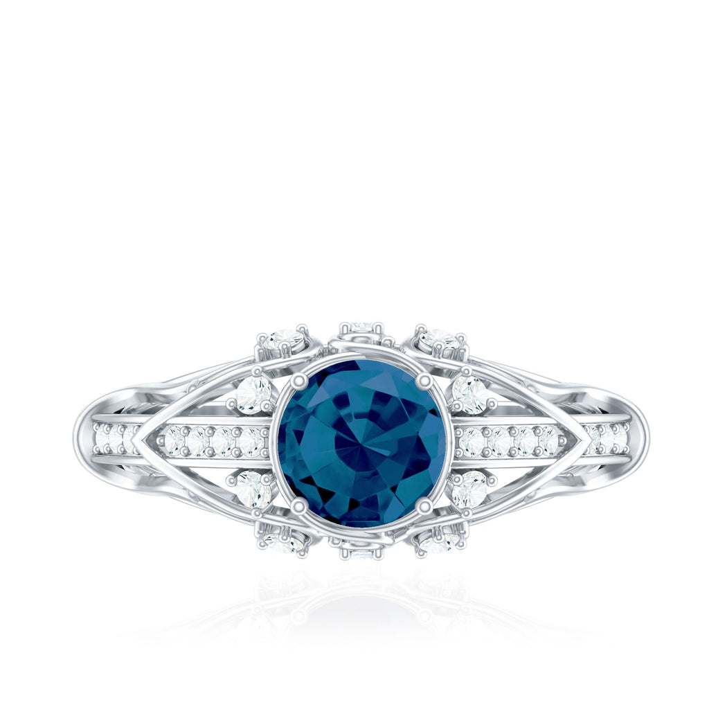 1.3 Carat Round London Blue Topaz Vintage Looking Engagement Ring with Diamond
