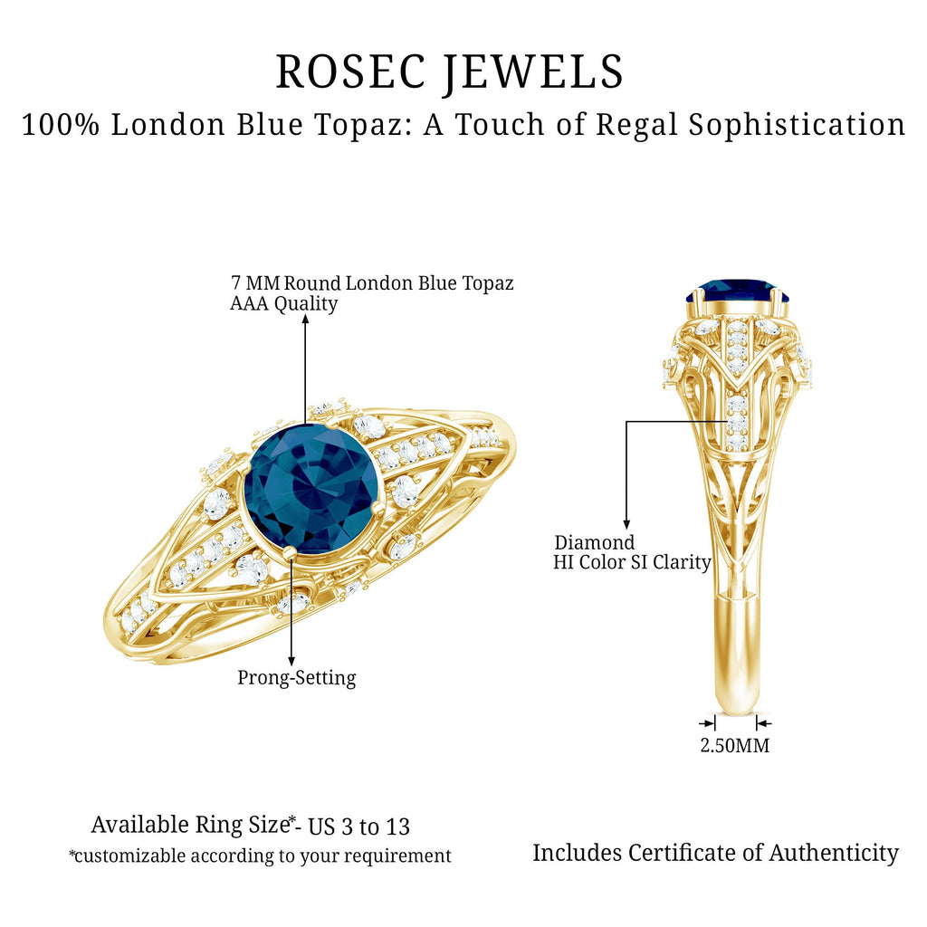 1.3 Carat Round London Blue Topaz Vintage Looking Engagement Ring with Diamond