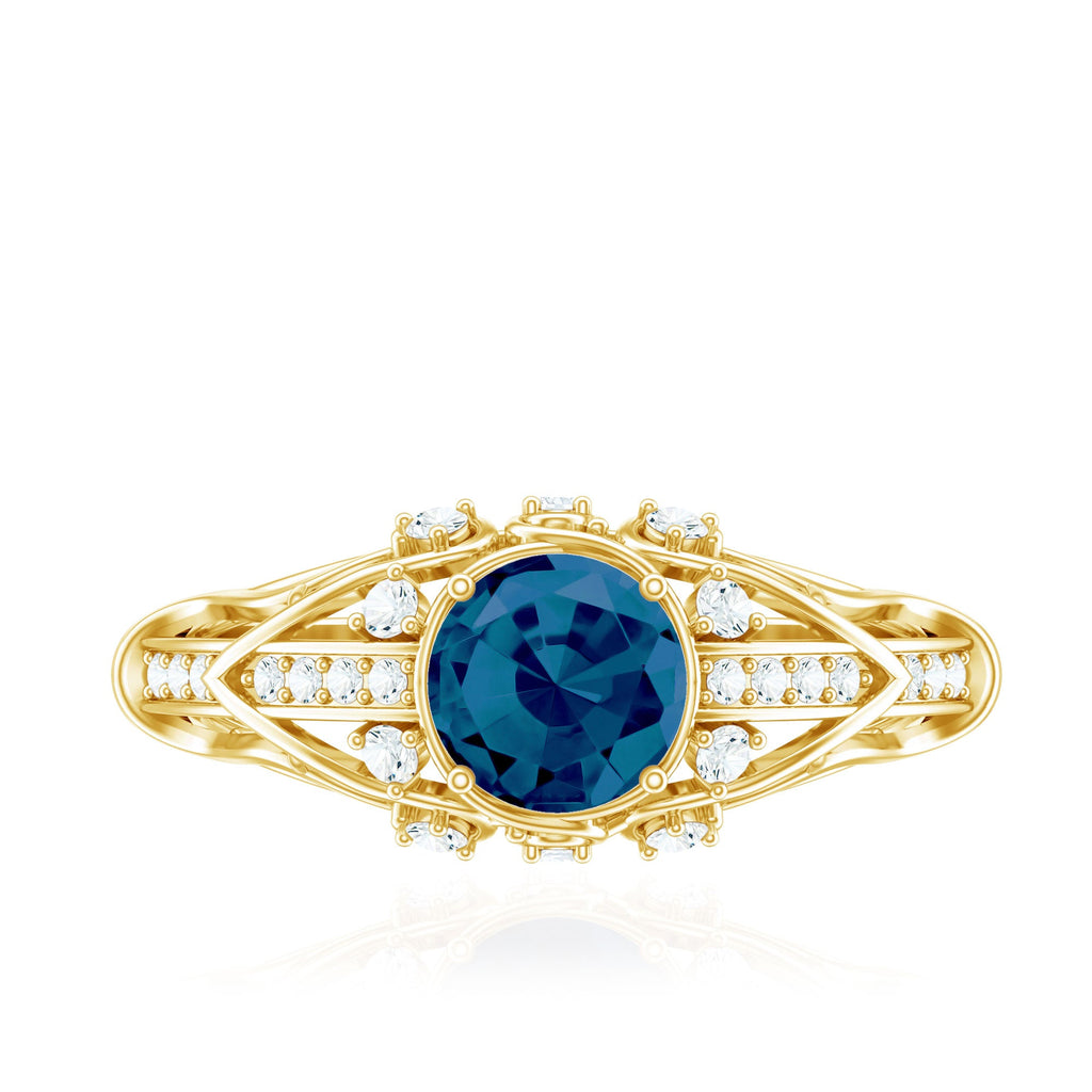 1.3 Carat Round London Blue Topaz Vintage Looking Engagement Ring with Diamond