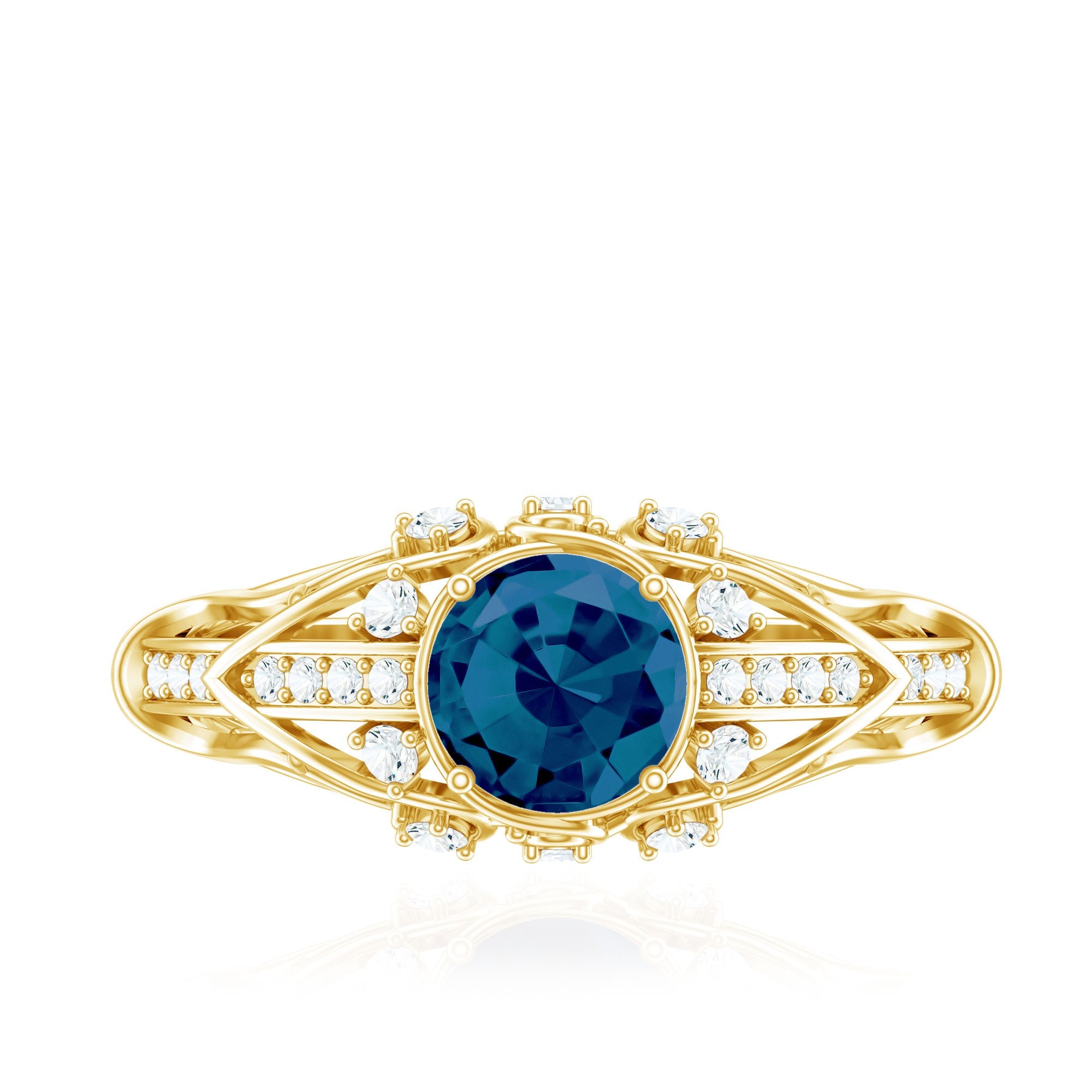 1.3 Carat Round London Blue Topaz Vintage Looking Engagement Ring with Diamond