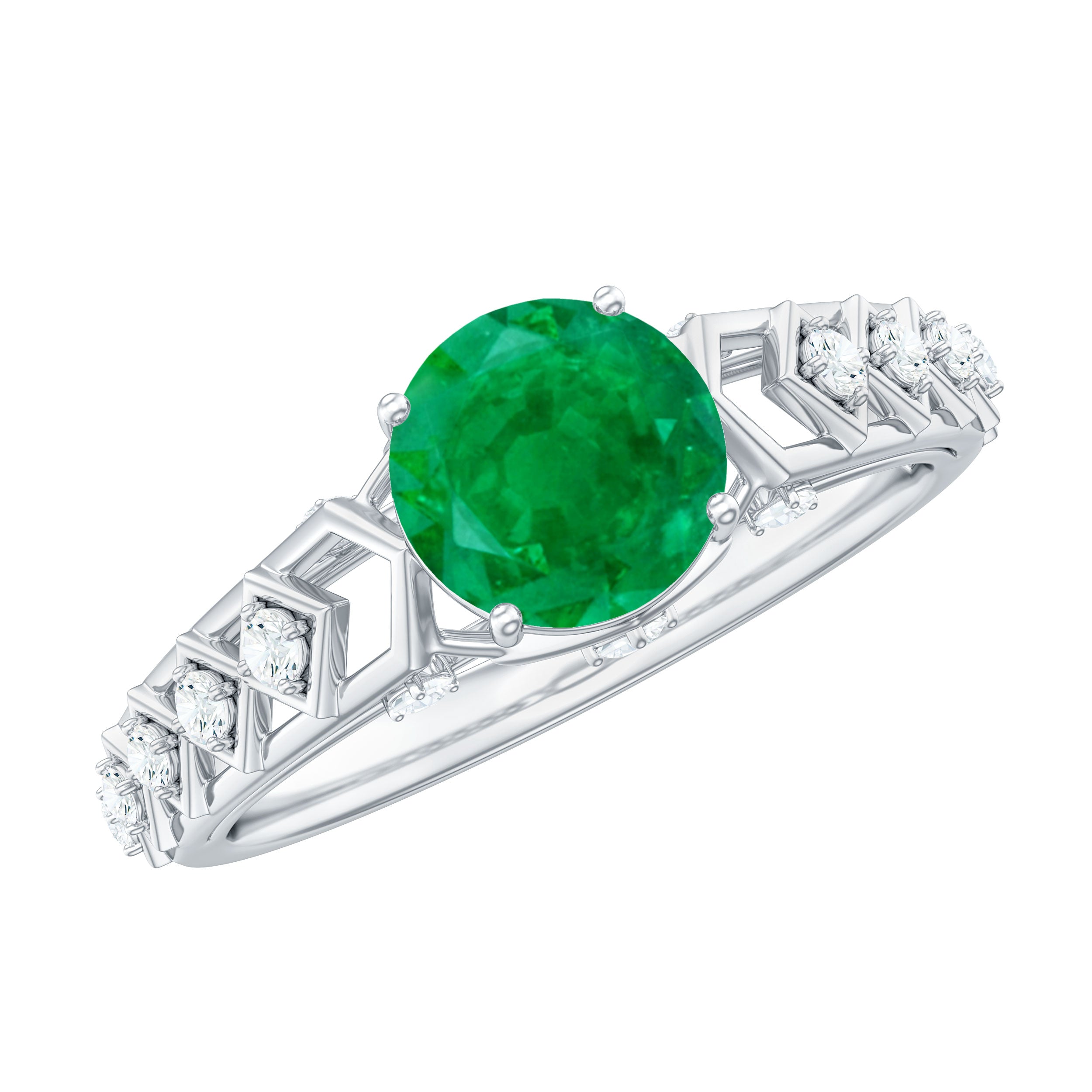 Emerald Engagement Ring – Art Deco Vintage Solitaire with Diamond Accents