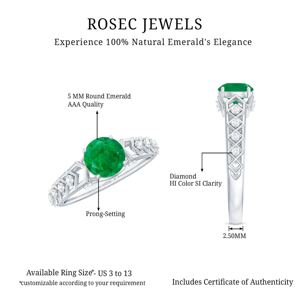 Emerald Engagement Ring – Art Deco Vintage Solitaire with Diamond Accents