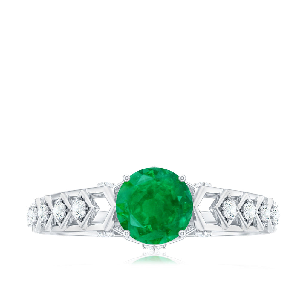 Emerald Engagement Ring – Art Deco Vintage Solitaire with Diamond Accents