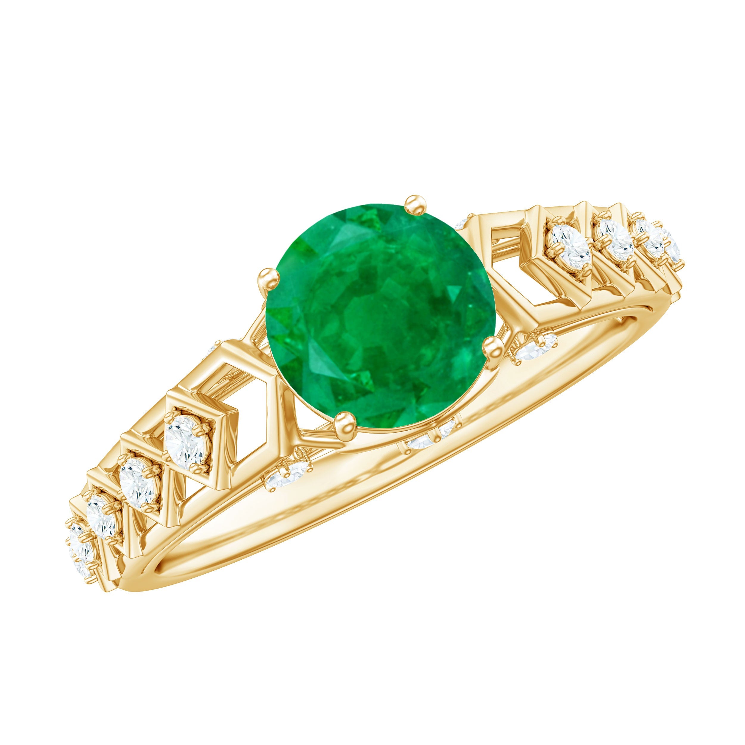 Emerald Engagement Ring – Art Deco Vintage Solitaire with Diamond Accents