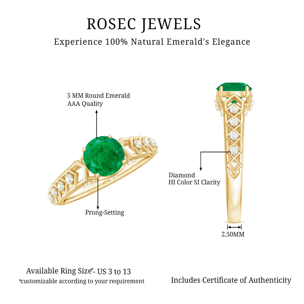 Emerald Engagement Ring – Art Deco Vintage Solitaire with Diamond Accents