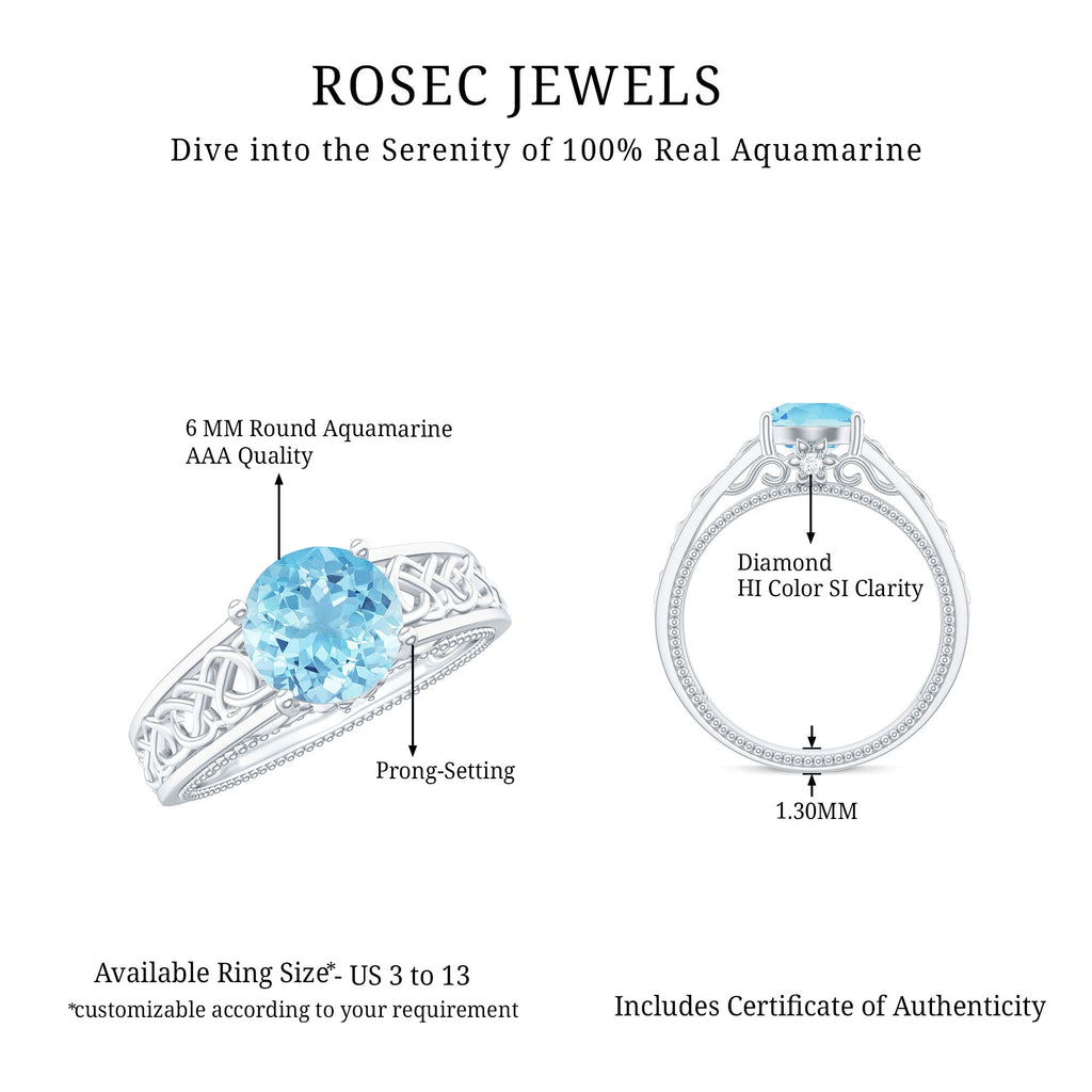 Aquamarine Engagement Ring – Vintage Inspired Diamond Accent Blue Gemstone Band