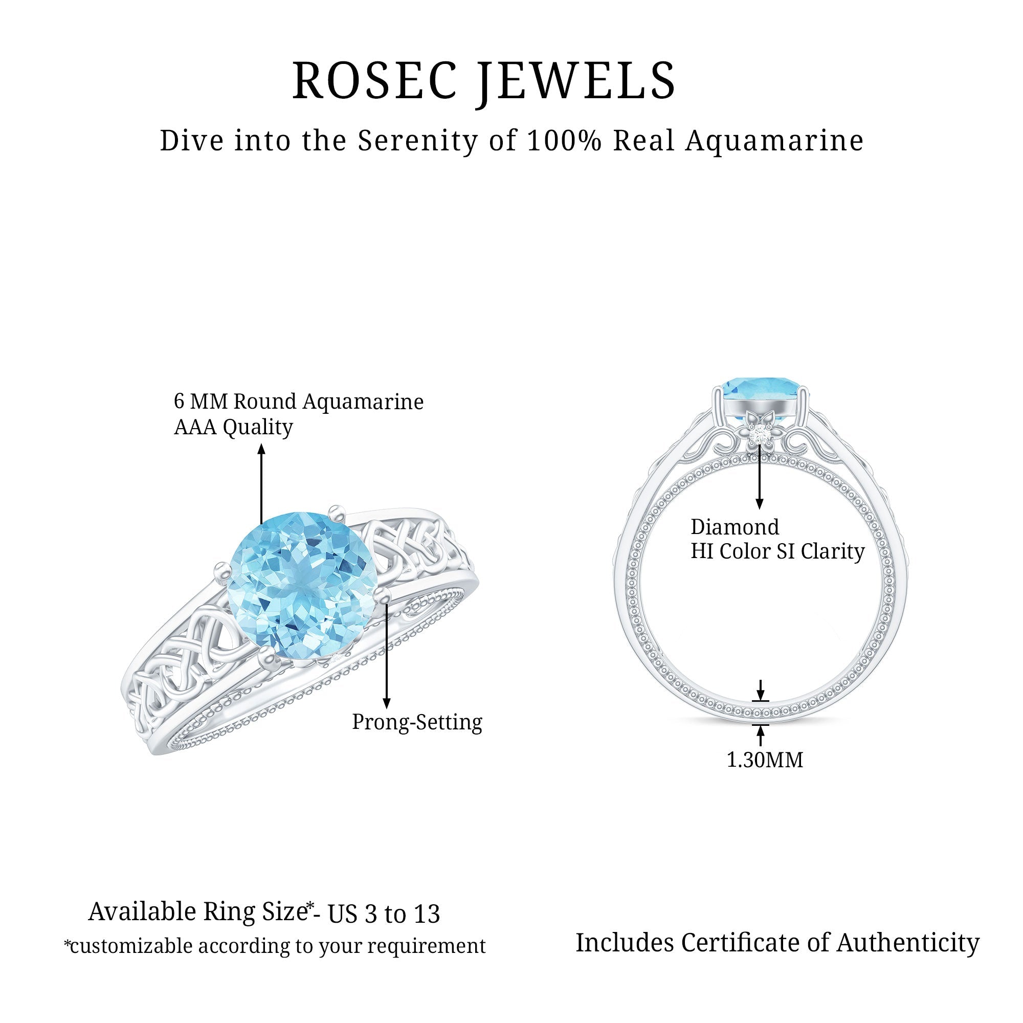 Aquamarine Engagement Ring – Vintage Inspired Diamond Accent Blue Gemstone Band