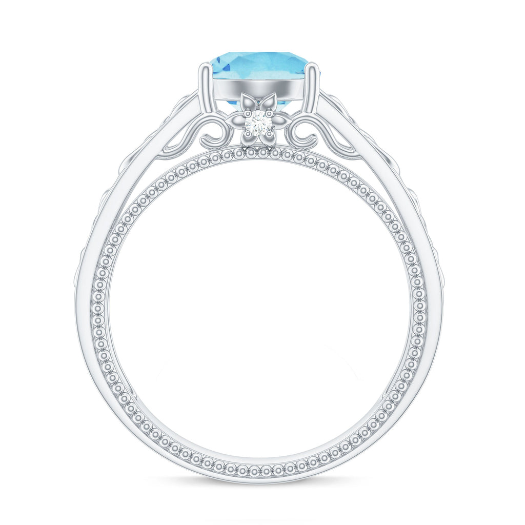 Aquamarine Engagement Ring – Vintage Inspired Diamond Accent Blue Gemstone Band