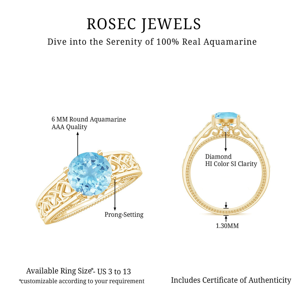 Aquamarine Engagement Ring – Vintage Inspired Diamond Accent Blue Gemstone Band