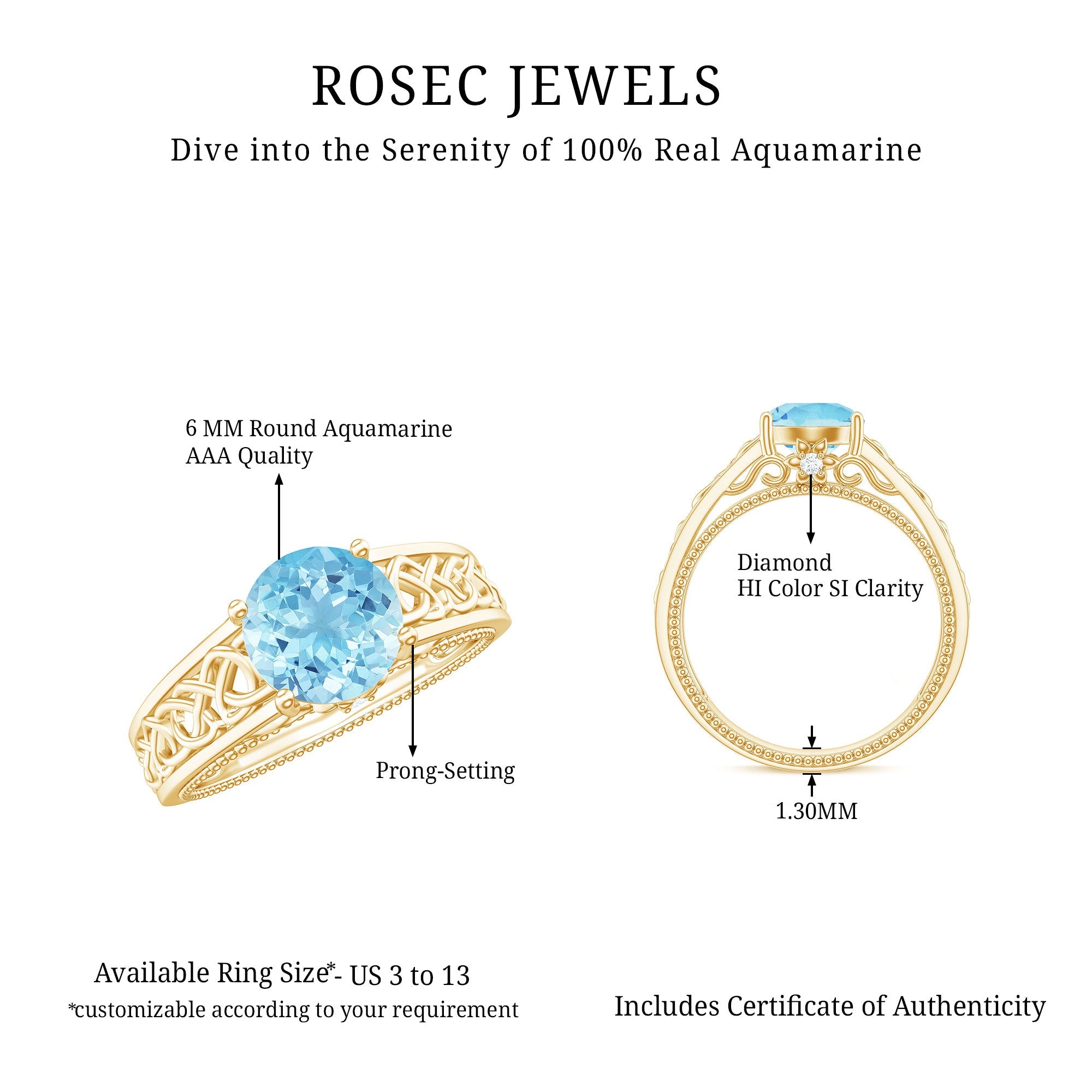 Aquamarine Engagement Ring – Vintage Inspired Diamond Accent Blue Gemstone Band