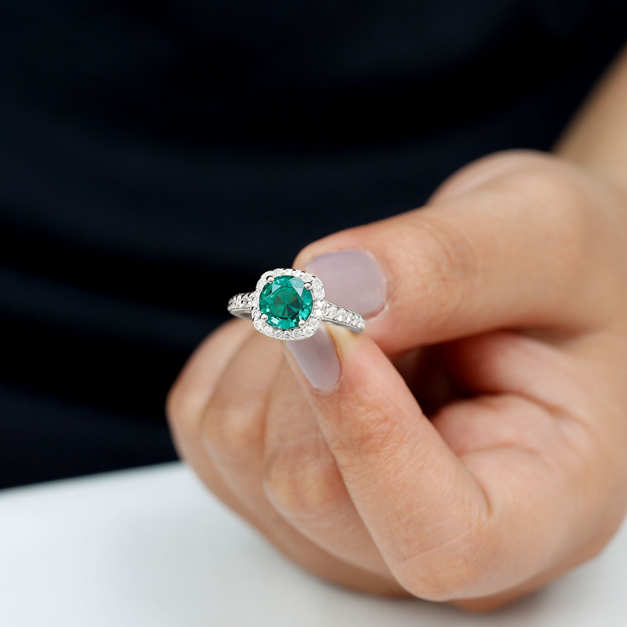 Lab Grown Emerald Ring - Vintage Engagement Ring With Halo Diamond Design