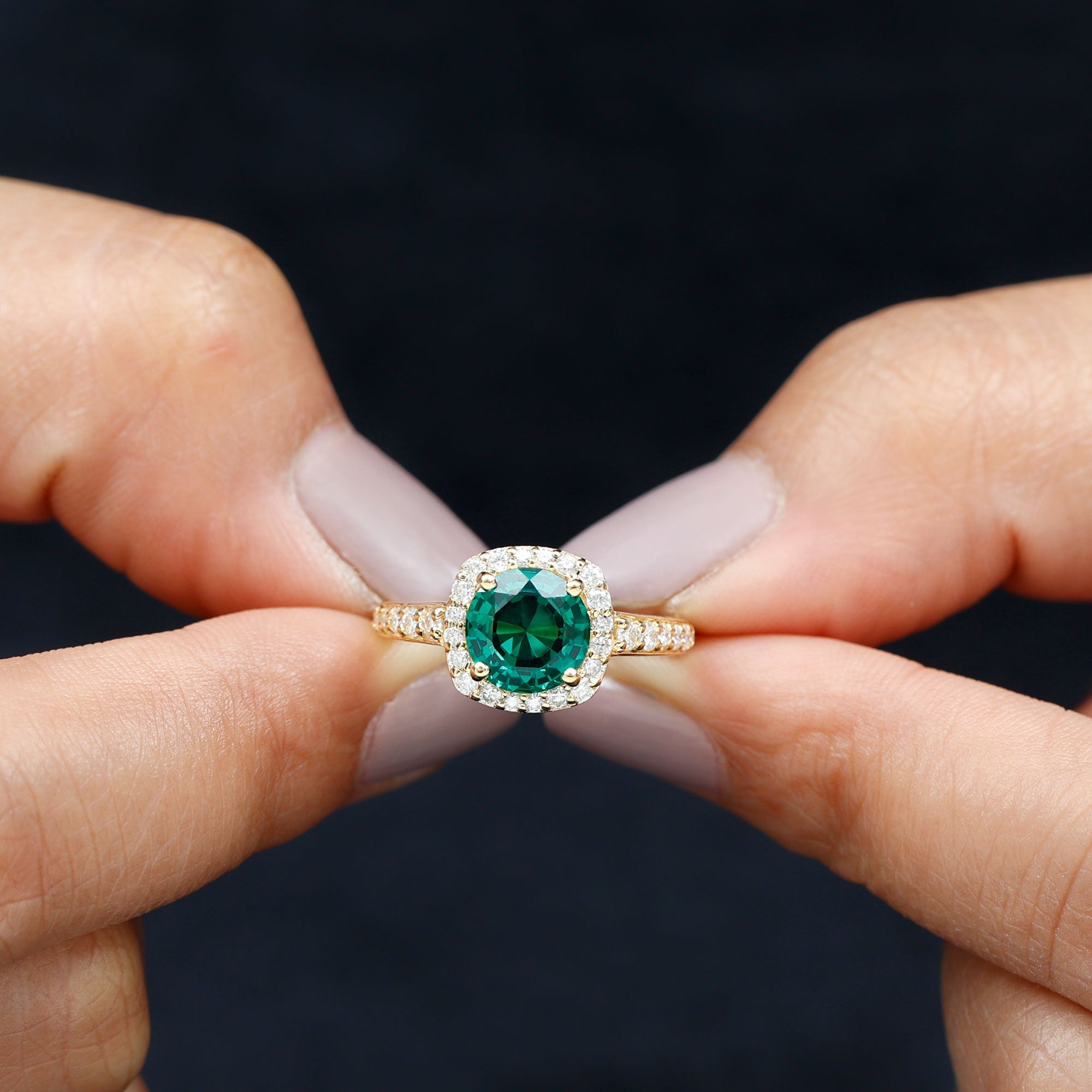 Lab Grown Emerald Ring - Vintage Engagement Ring With Halo Diamond Design