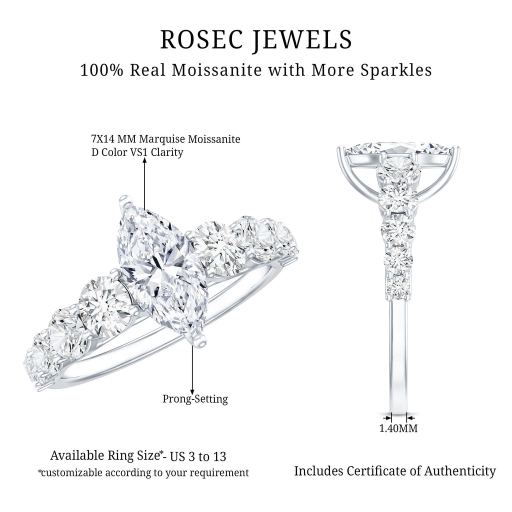 Marquise Moissanite Ring – Elegant Engagement Ring with Side Stones, Prong Setting