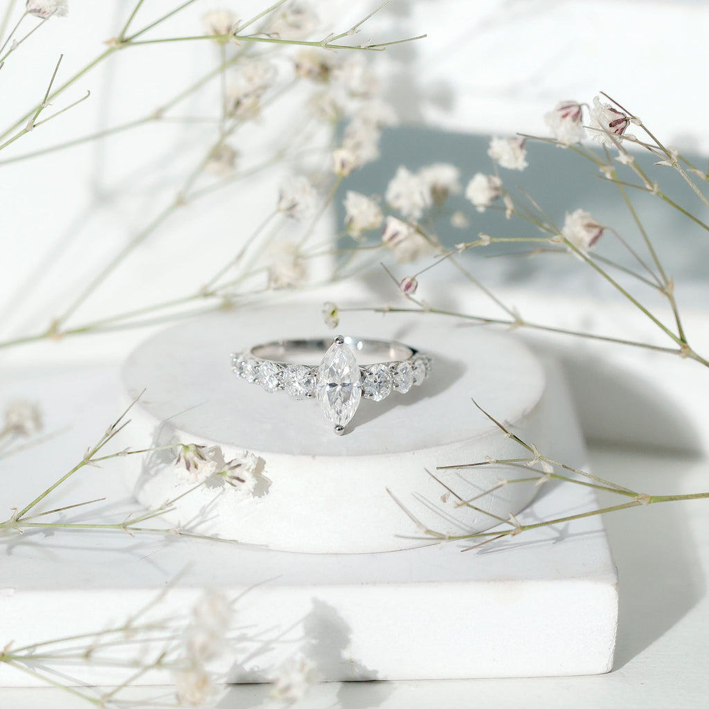 Marquise Moissanite Ring – Elegant Engagement Ring with Side Stones, Prong Setting