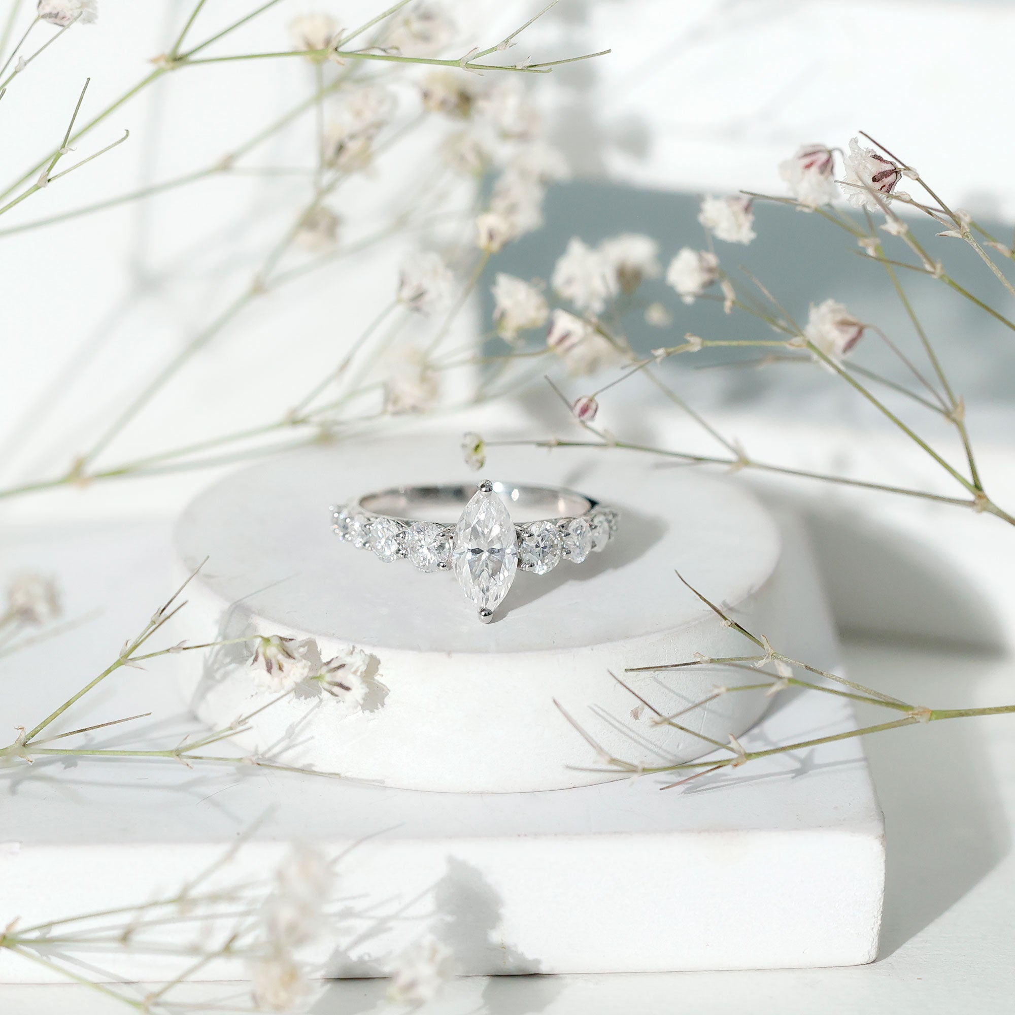 Marquise Moissanite Ring – Elegant Engagement Ring with Side Stones, Prong Setting