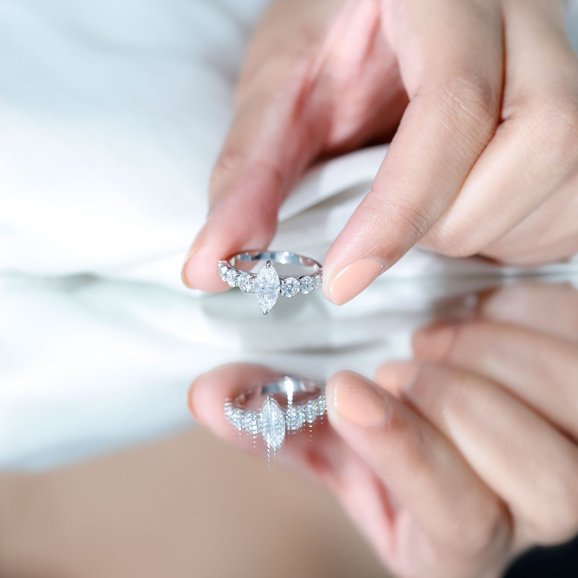 Marquise Moissanite Ring – Elegant Engagement Ring with Side Stones, Prong Setting