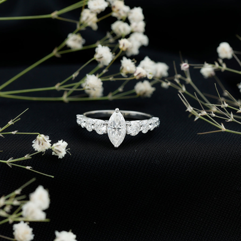 Marquise Moissanite Ring – Elegant Engagement Ring with Side Stones, Prong Setting