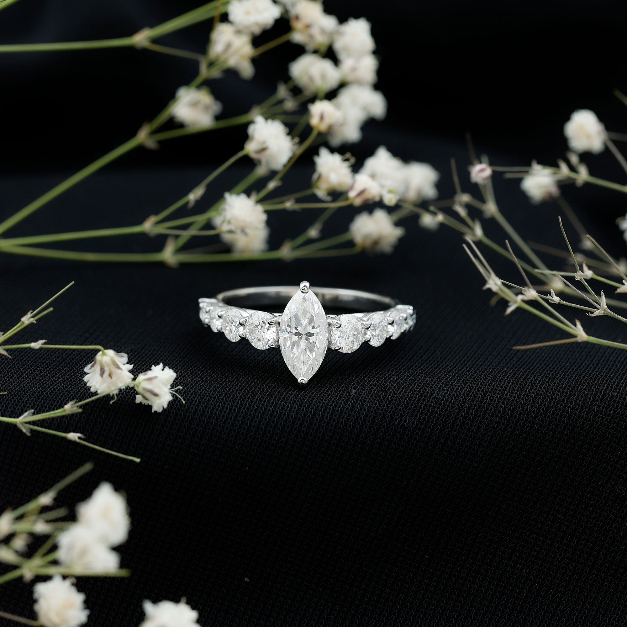 Marquise Moissanite Ring – Elegant Engagement Ring with Side Stones, Prong Setting