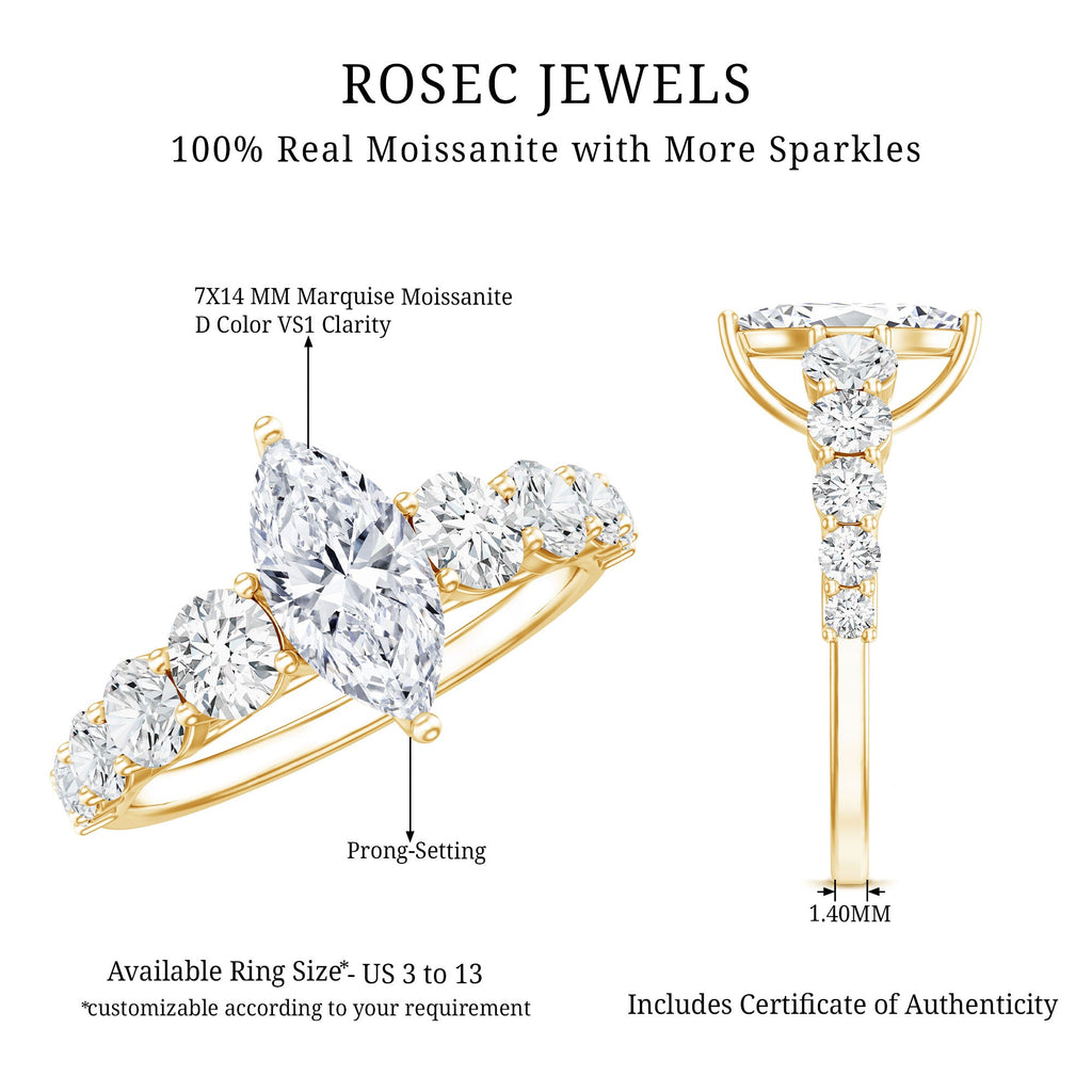 Marquise Moissanite Ring – Elegant Engagement Ring with Side Stones, Prong Setting