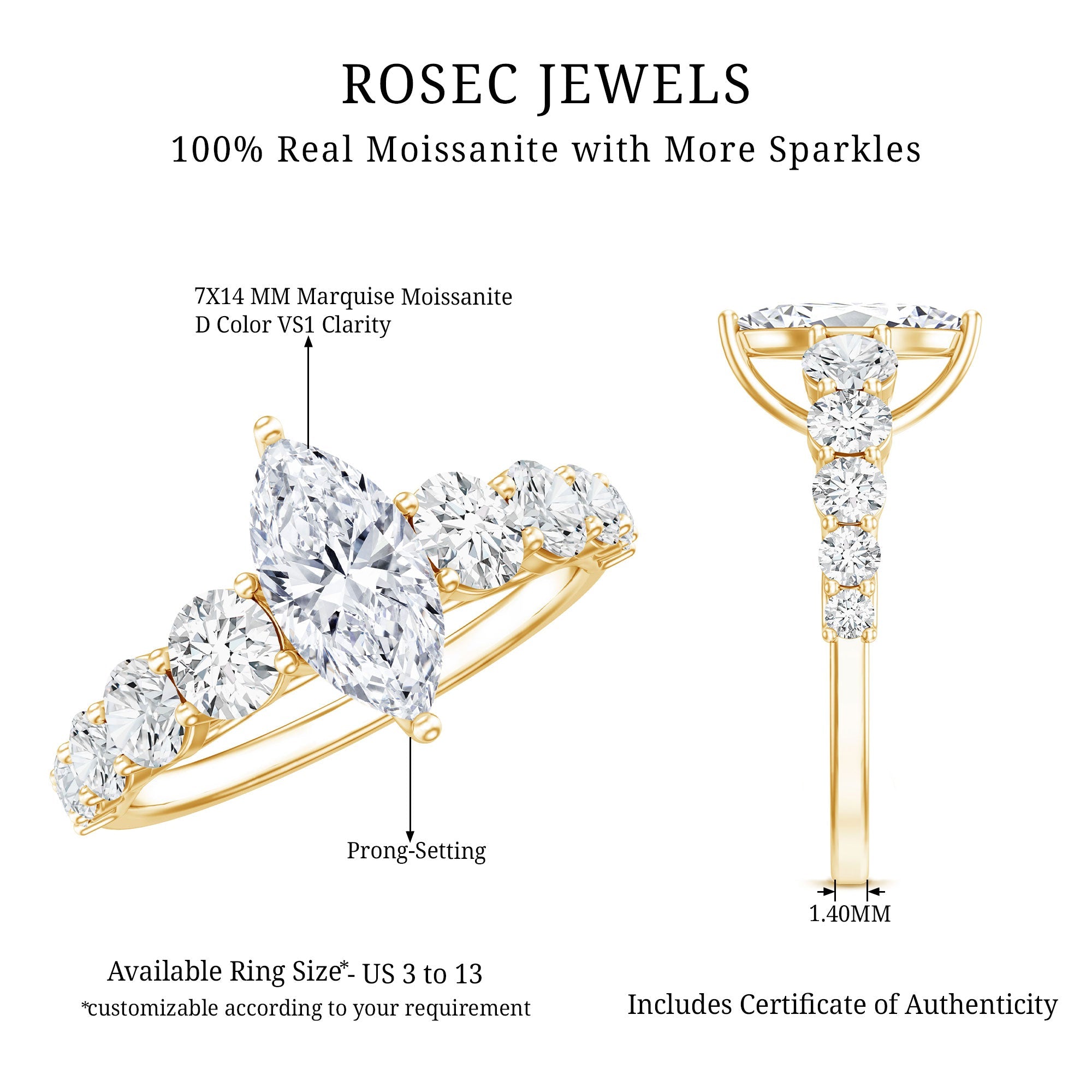 Marquise Moissanite Ring – Elegant Engagement Ring with Side Stones, Prong Setting