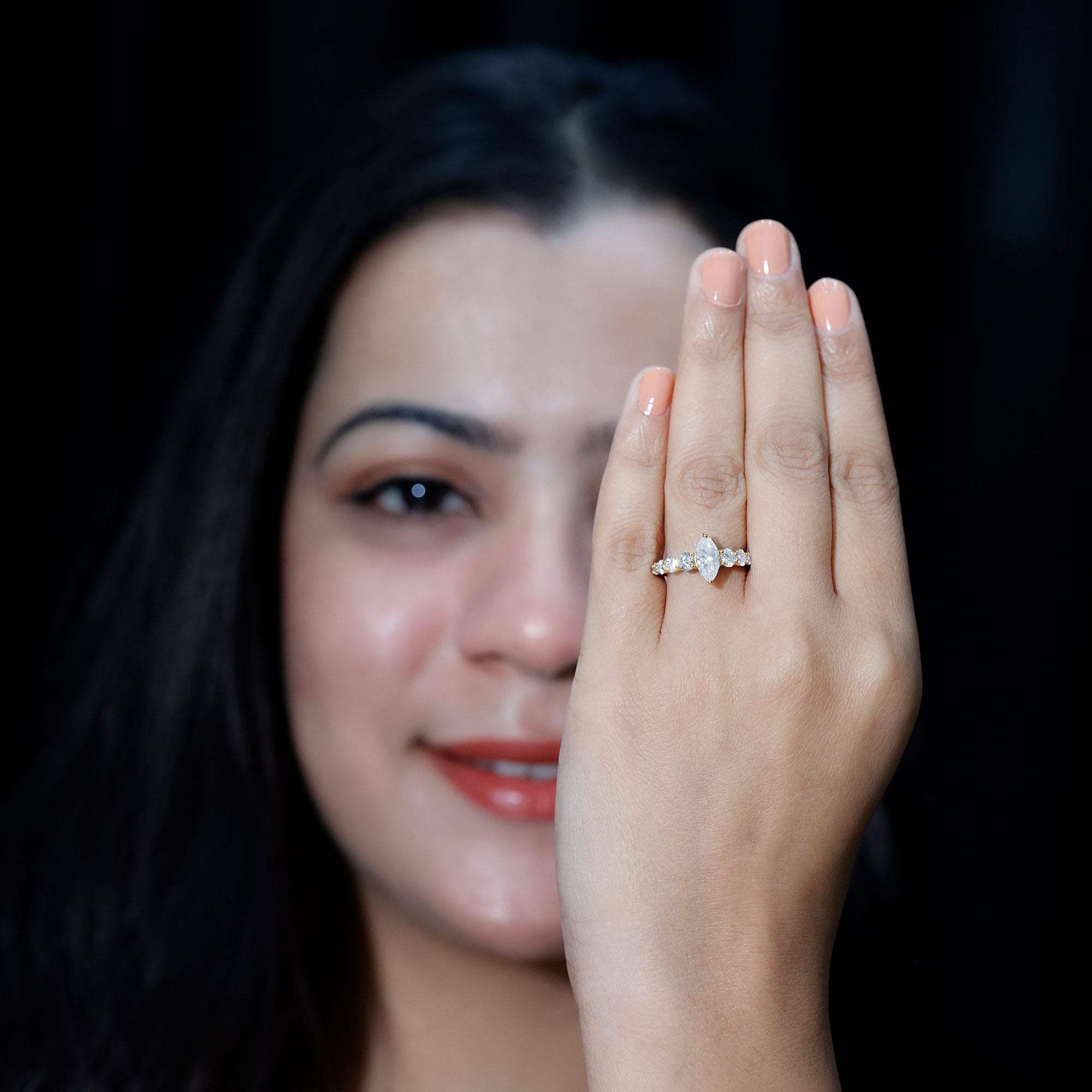 Marquise Moissanite Ring – Elegant Engagement Ring with Side Stones, Prong Setting