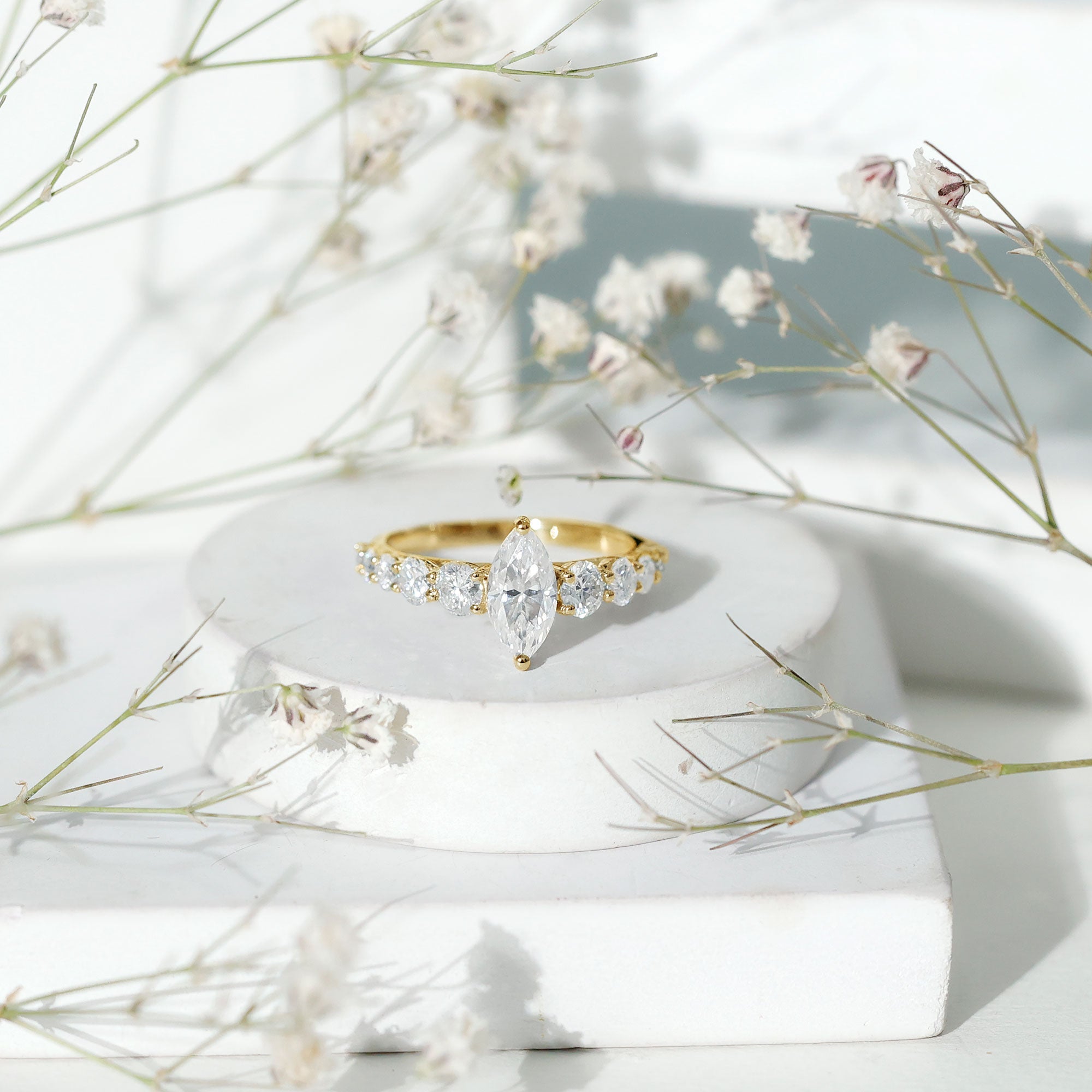 Marquise Moissanite Ring – Elegant Engagement Ring with Side Stones, Prong Setting