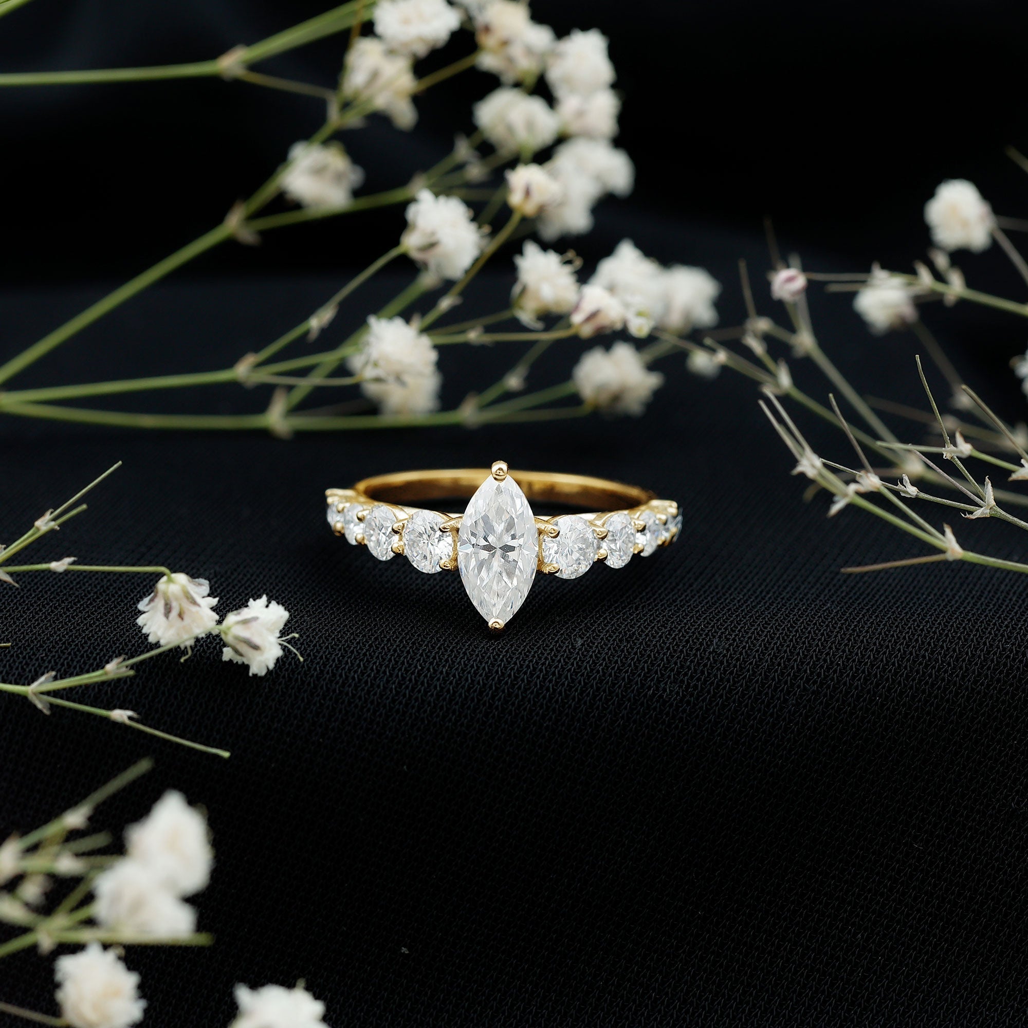 Marquise Moissanite Ring – Elegant Engagement Ring with Side Stones, Prong Setting