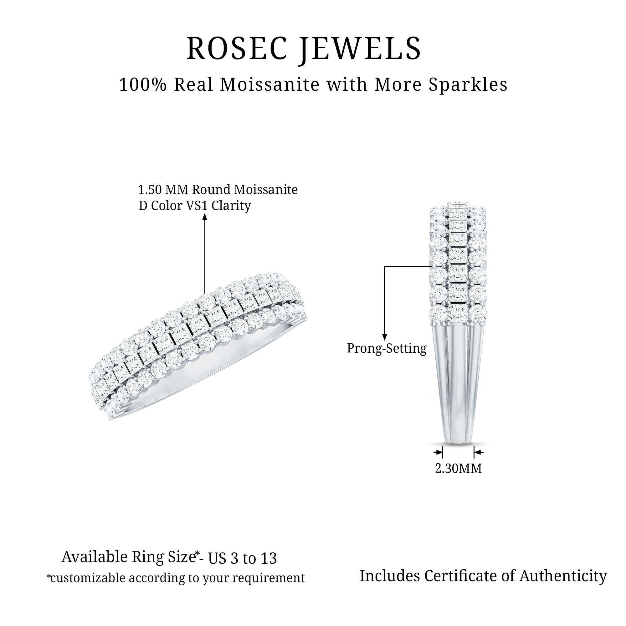 Classic Moissanite Three Row Wedding Band Ring