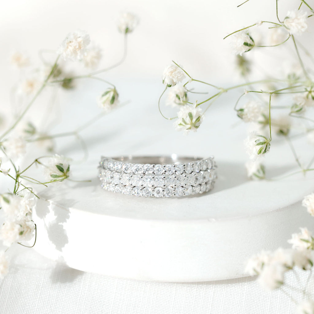 Classic Moissanite Three Row Wedding Band Ring