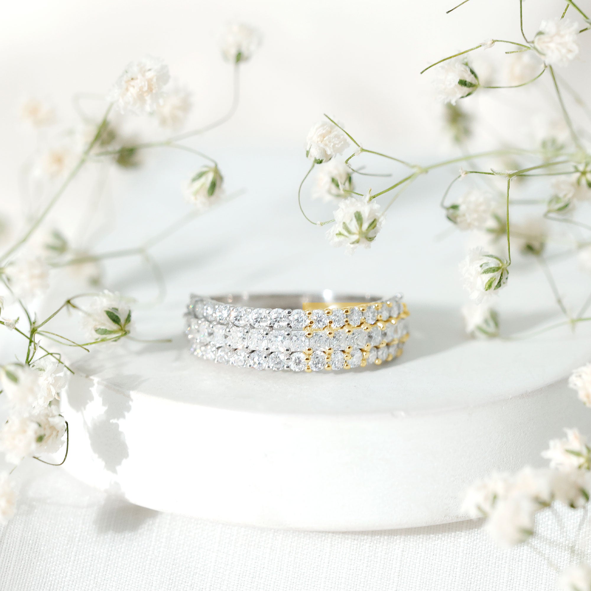 Classic Moissanite Three Row Wedding Band Ring