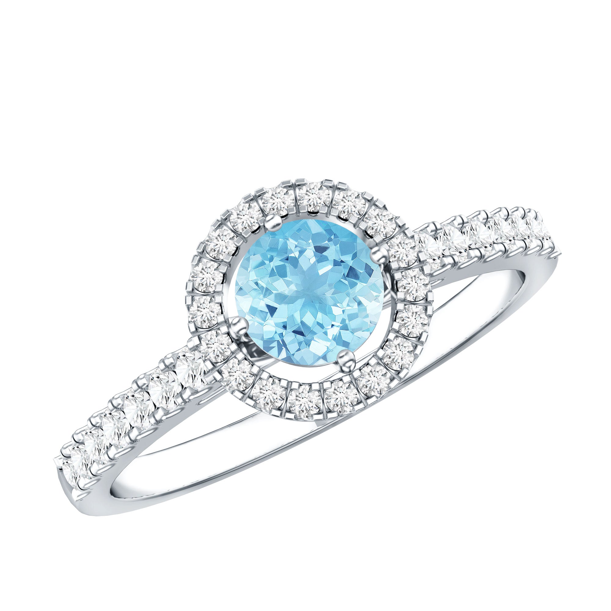 Aquamarine Engagement Ring – 6mm Aquamarine Stone With Diamond Halo & Side Stones