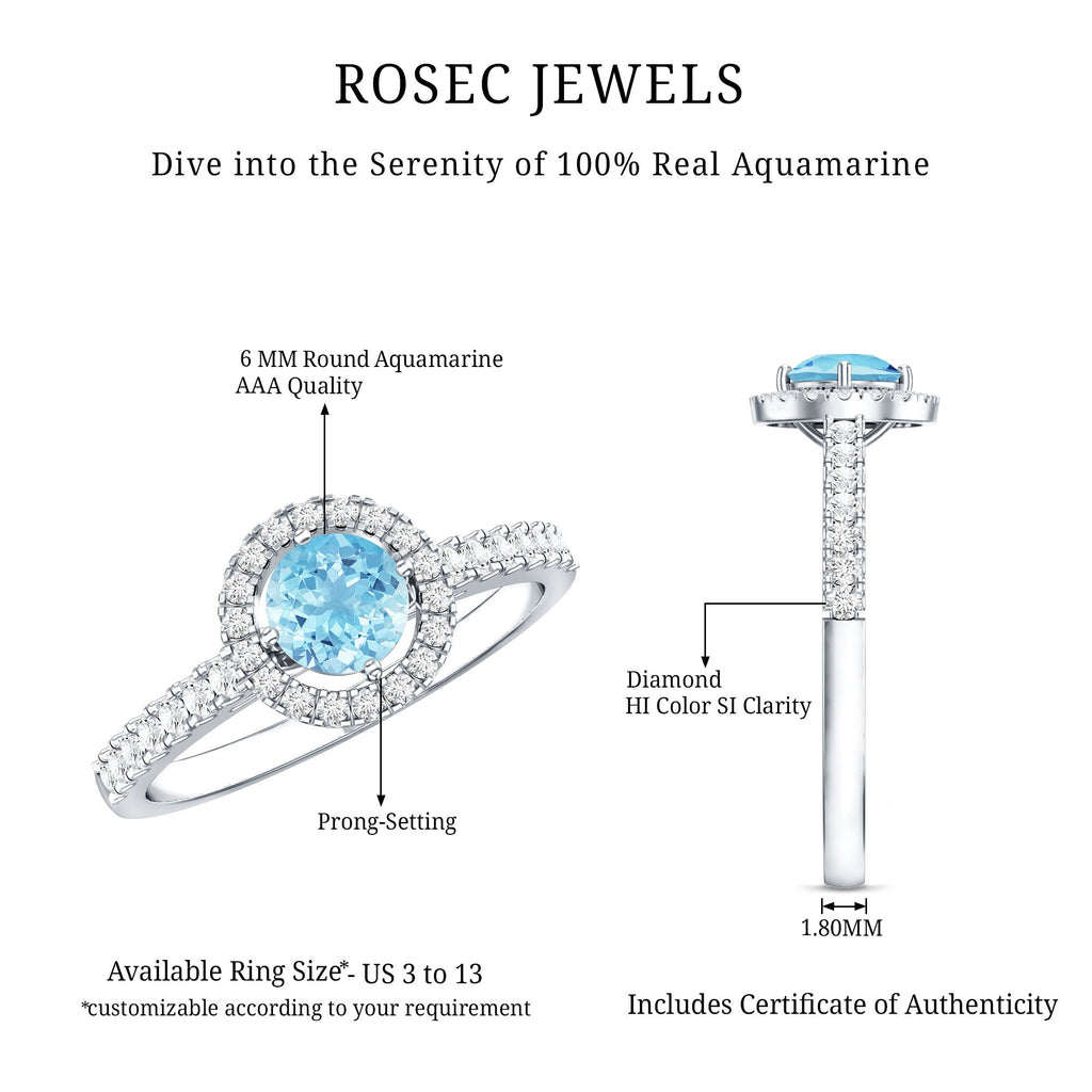 Aquamarine Engagement Ring – 6mm Aquamarine Stone With Diamond Halo & Side Stones