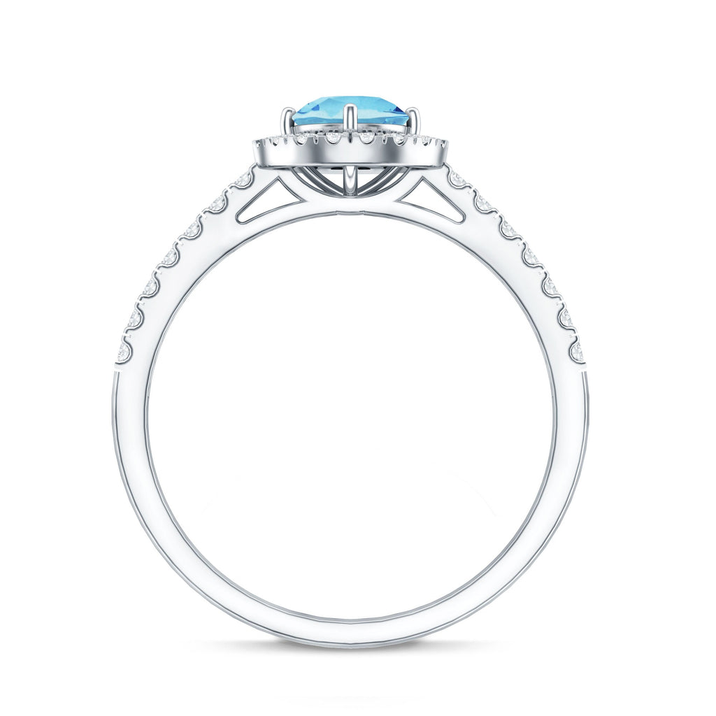 Aquamarine Engagement Ring – 6mm Aquamarine Stone With Diamond Halo & Side Stones