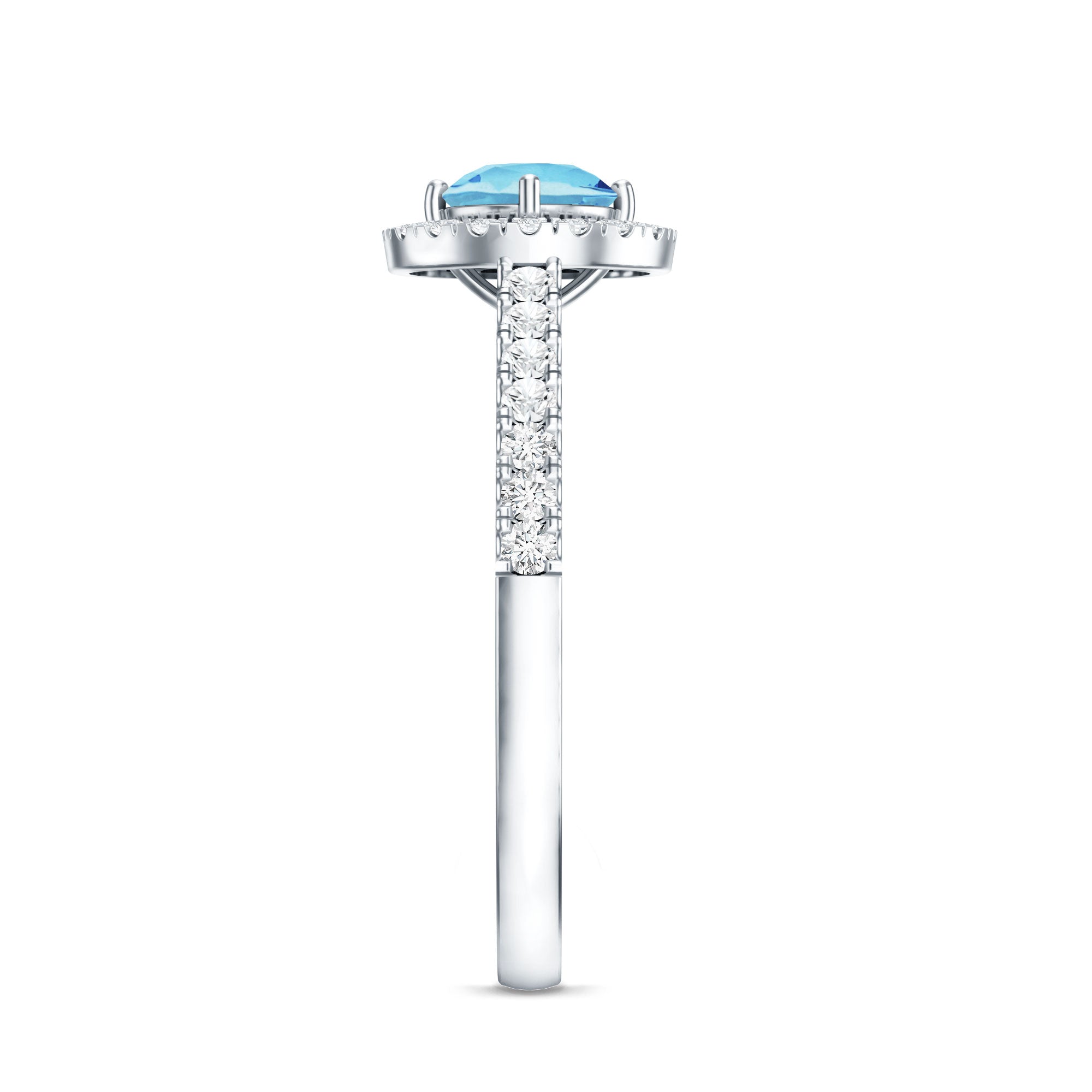 Aquamarine Engagement Ring – 6mm Aquamarine Stone With Diamond Halo & Side Stones