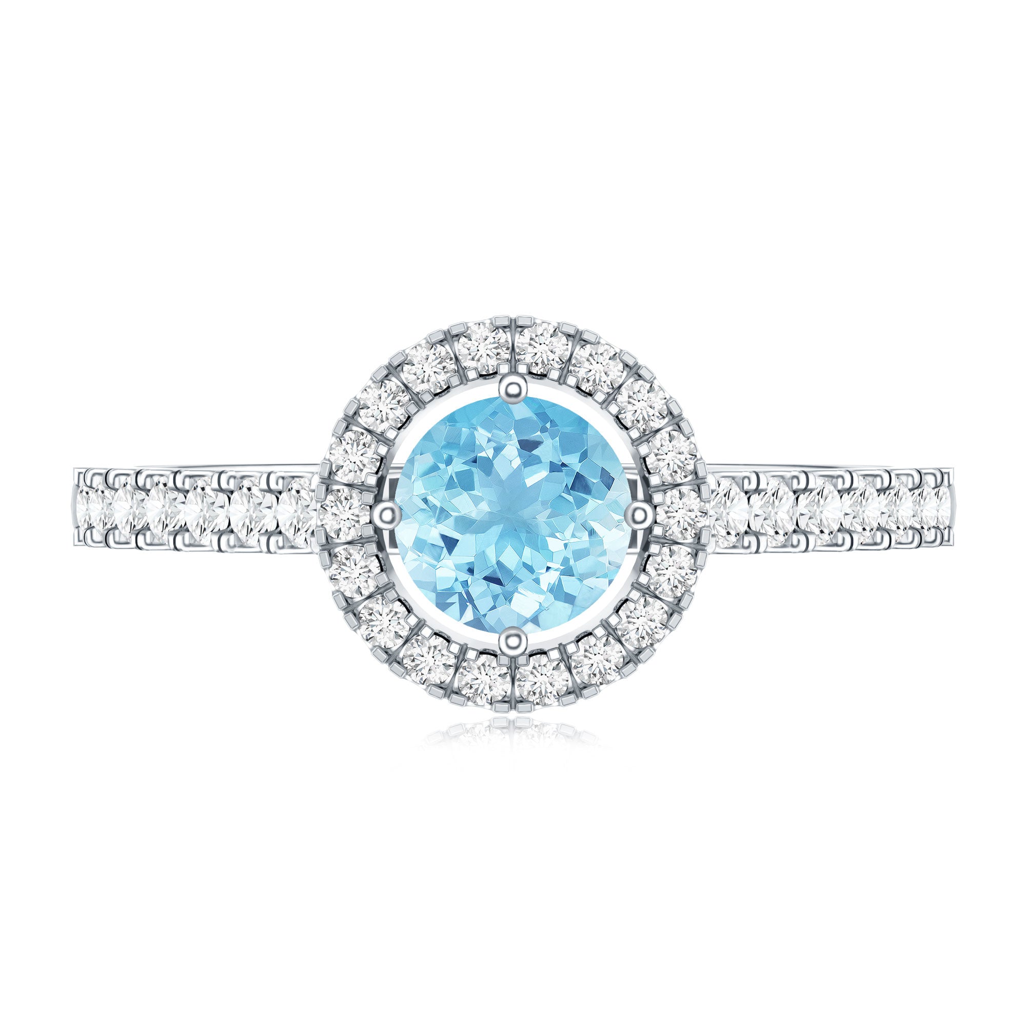 Aquamarine Engagement Ring – 6mm Aquamarine Stone With Diamond Halo & Side Stones