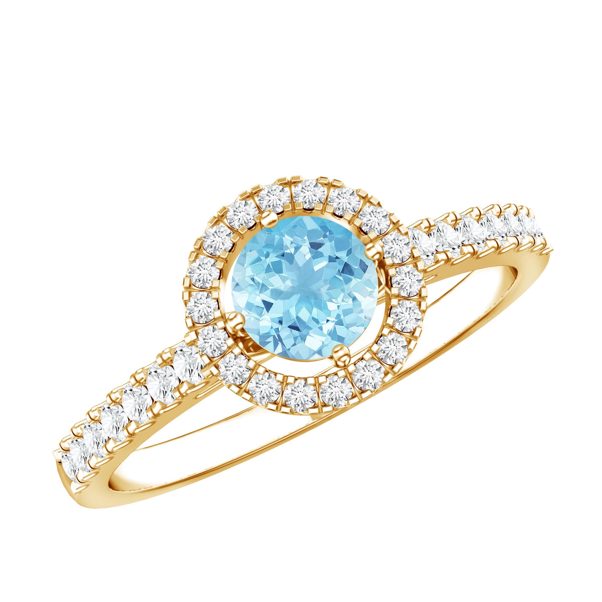 Aquamarine Engagement Ring – 6mm Aquamarine Stone With Diamond Halo & Side Stones