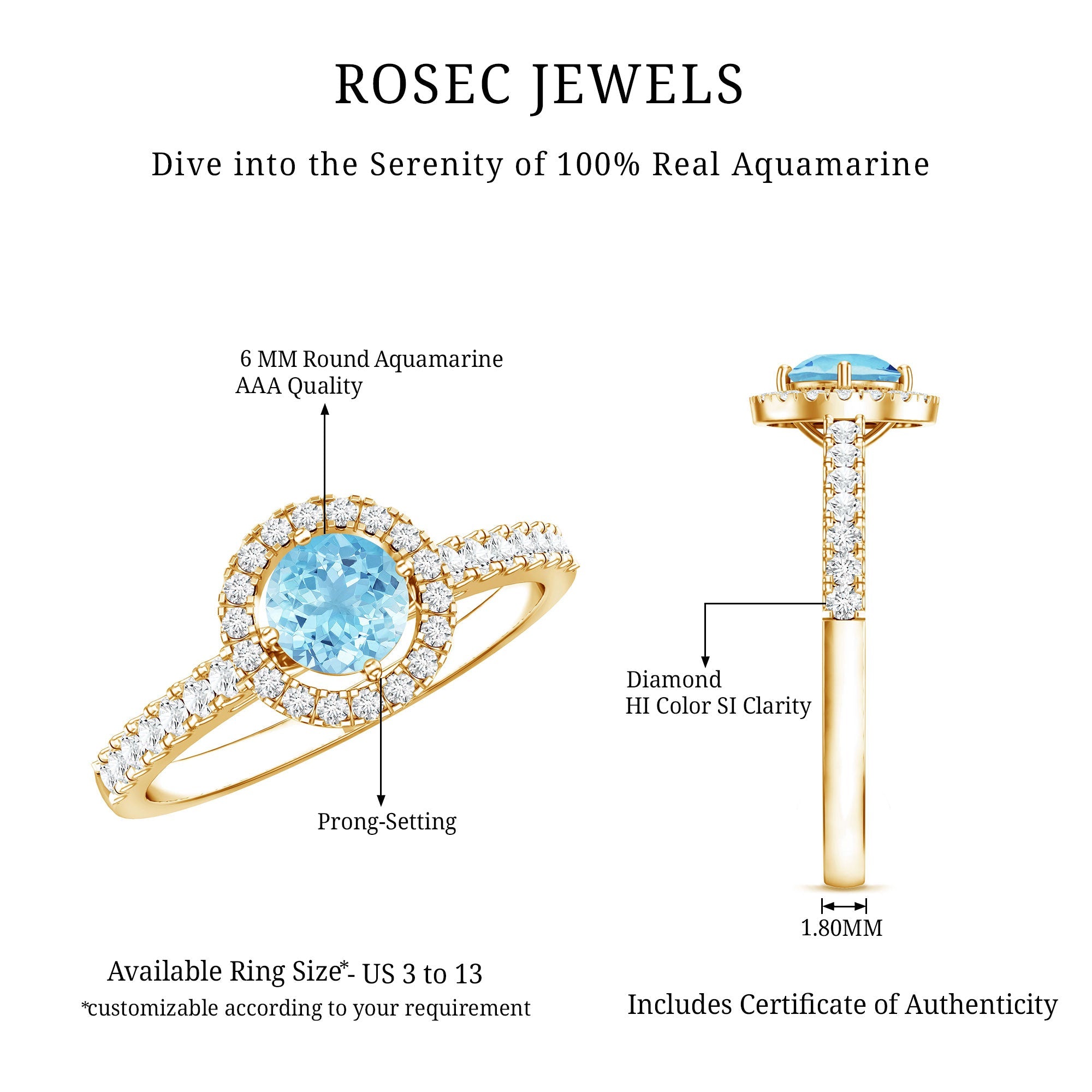 Aquamarine Engagement Ring – 6mm Aquamarine Stone With Diamond Halo & Side Stones
