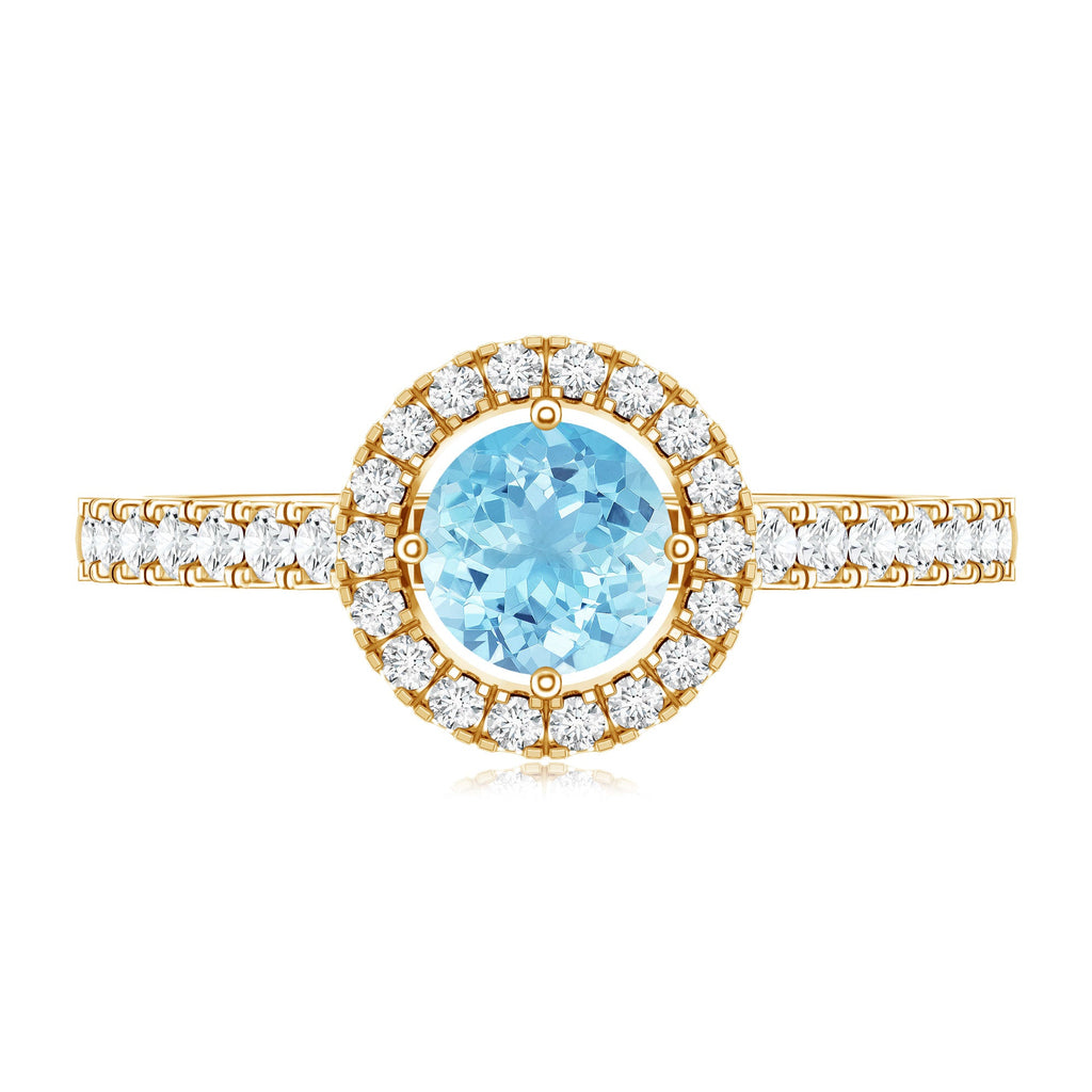 Aquamarine Engagement Ring – 6mm Aquamarine Stone With Diamond Halo & Side Stones