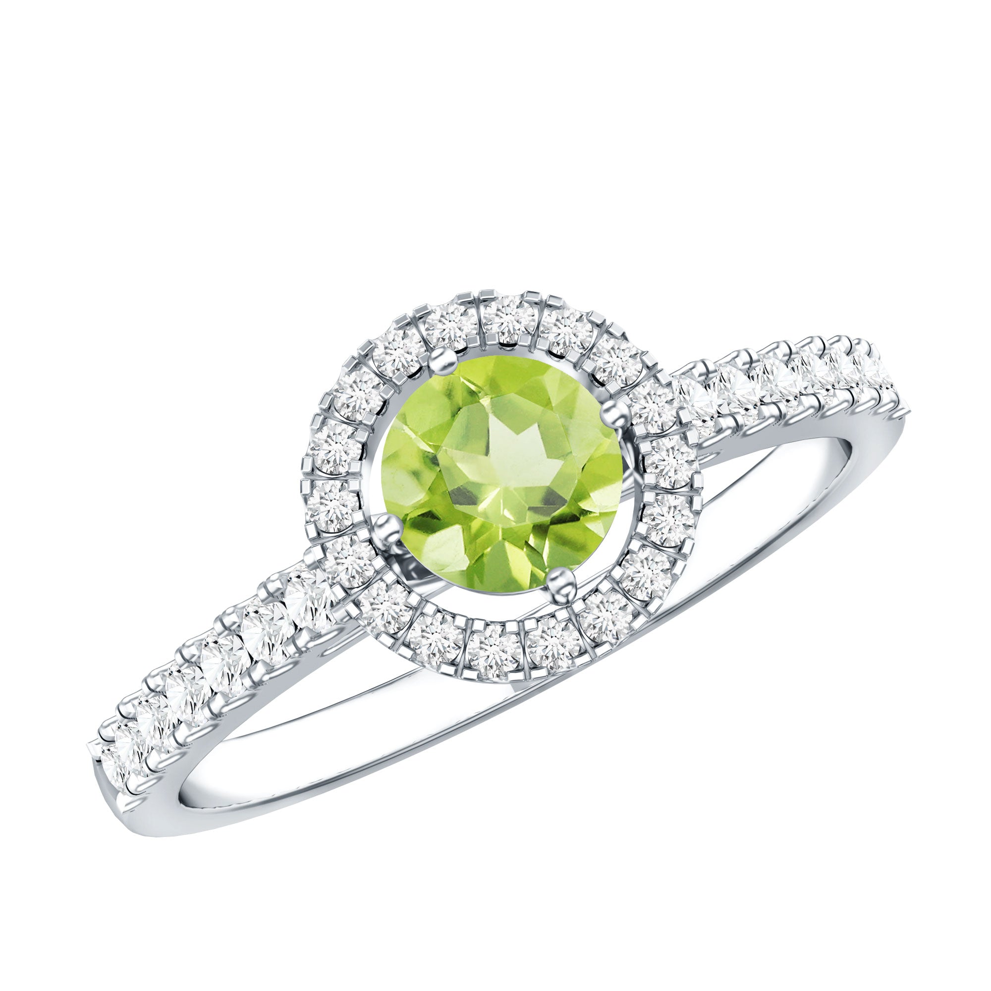 Peridot Engagement Ring – Half Carat Peridot with Diamond Halo & Sparkling Band