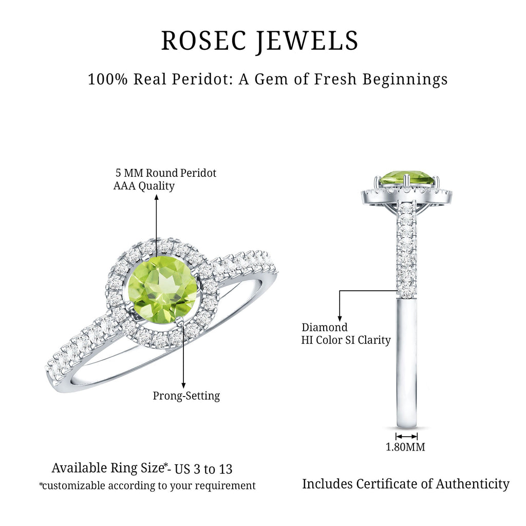 Peridot Engagement Ring – Half Carat Peridot with Diamond Halo & Sparkling Band