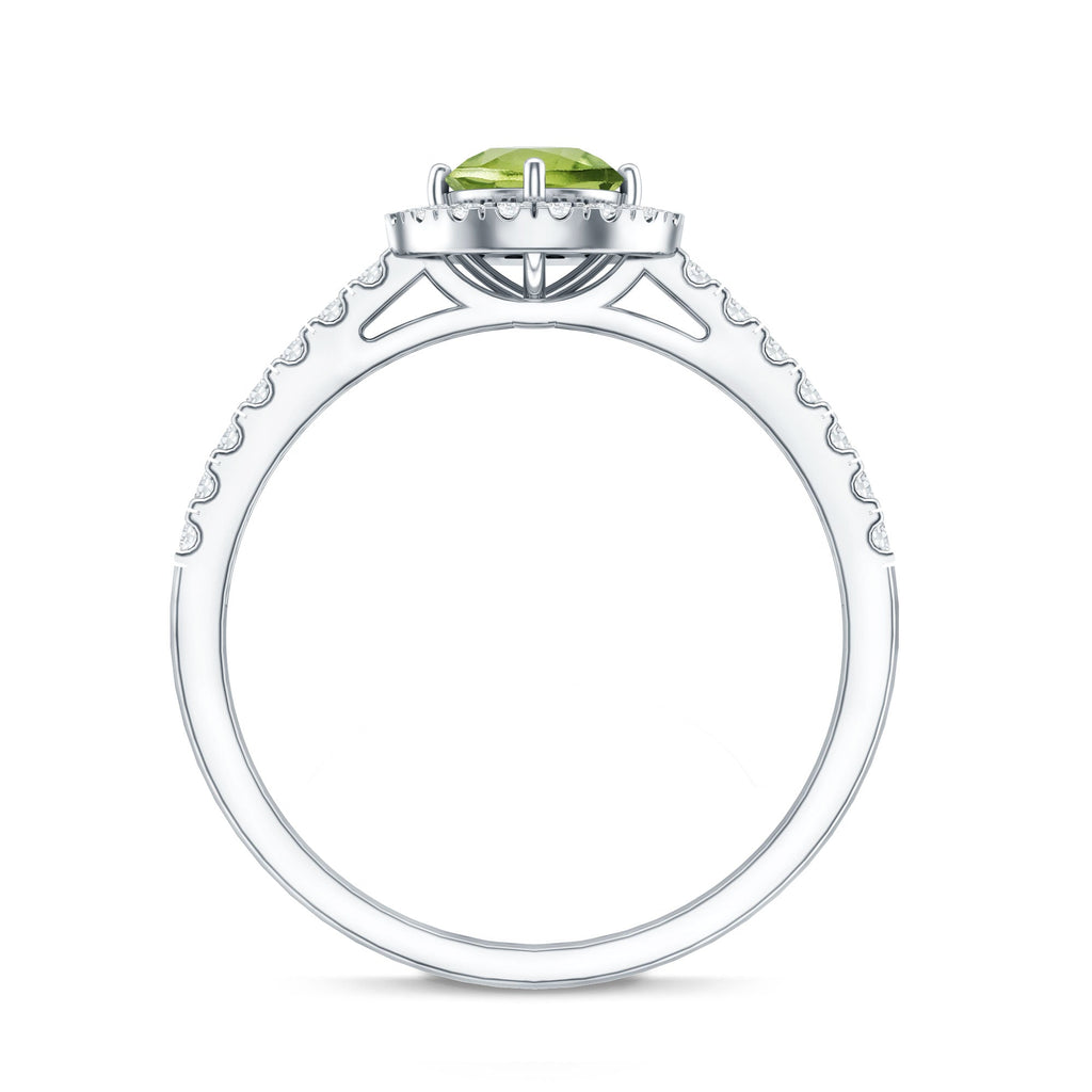Peridot Engagement Ring – Half Carat Peridot with Diamond Halo & Sparkling Band