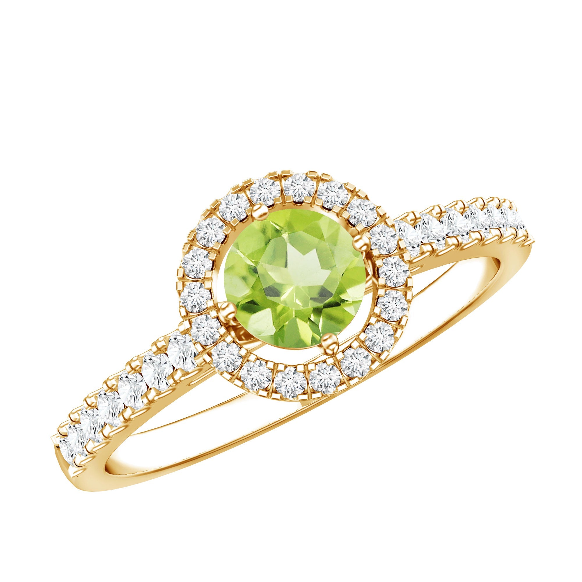 Peridot Engagement Ring – Half Carat Peridot with Diamond Halo & Sparkling Band