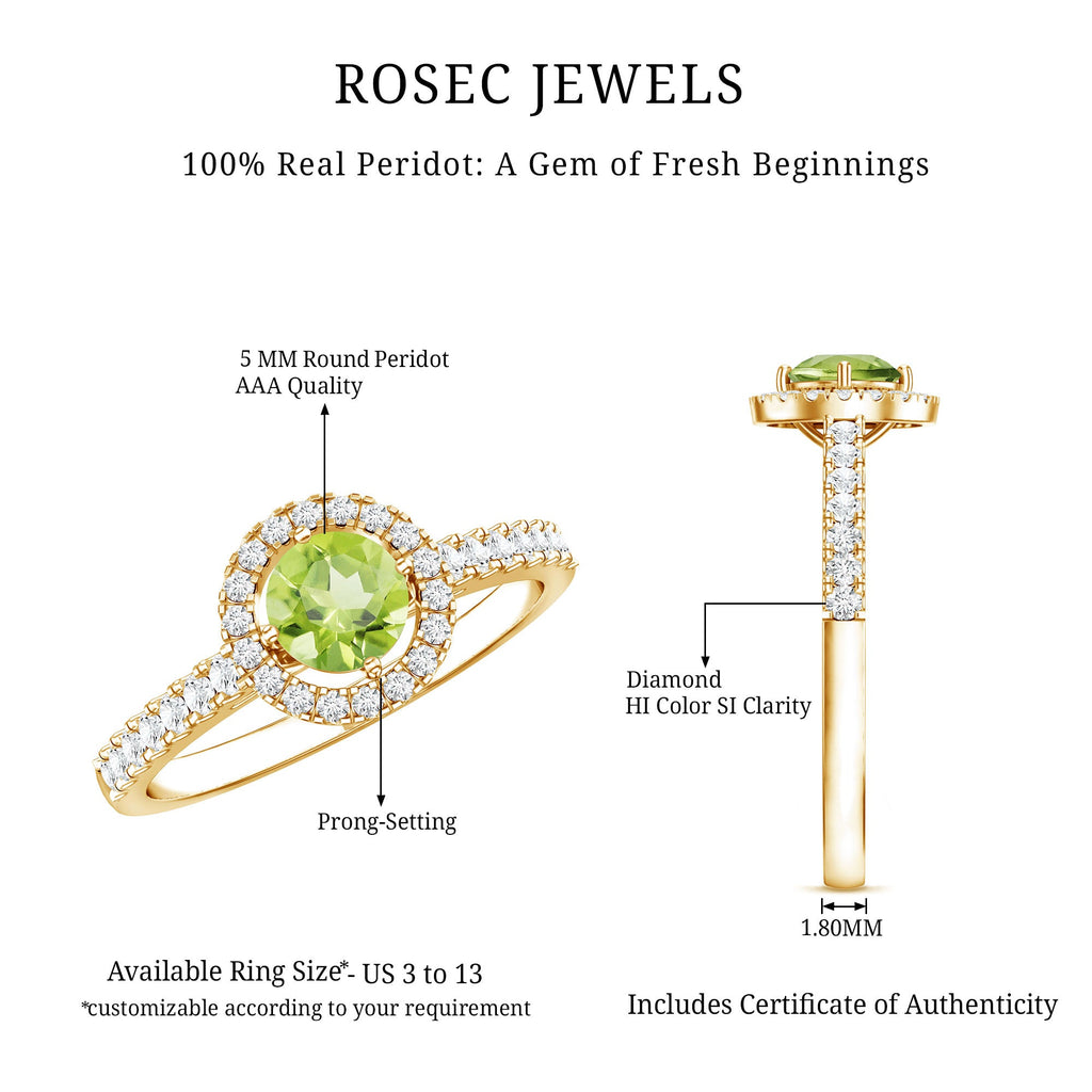 Peridot Engagement Ring – Half Carat Peridot with Diamond Halo & Sparkling Band