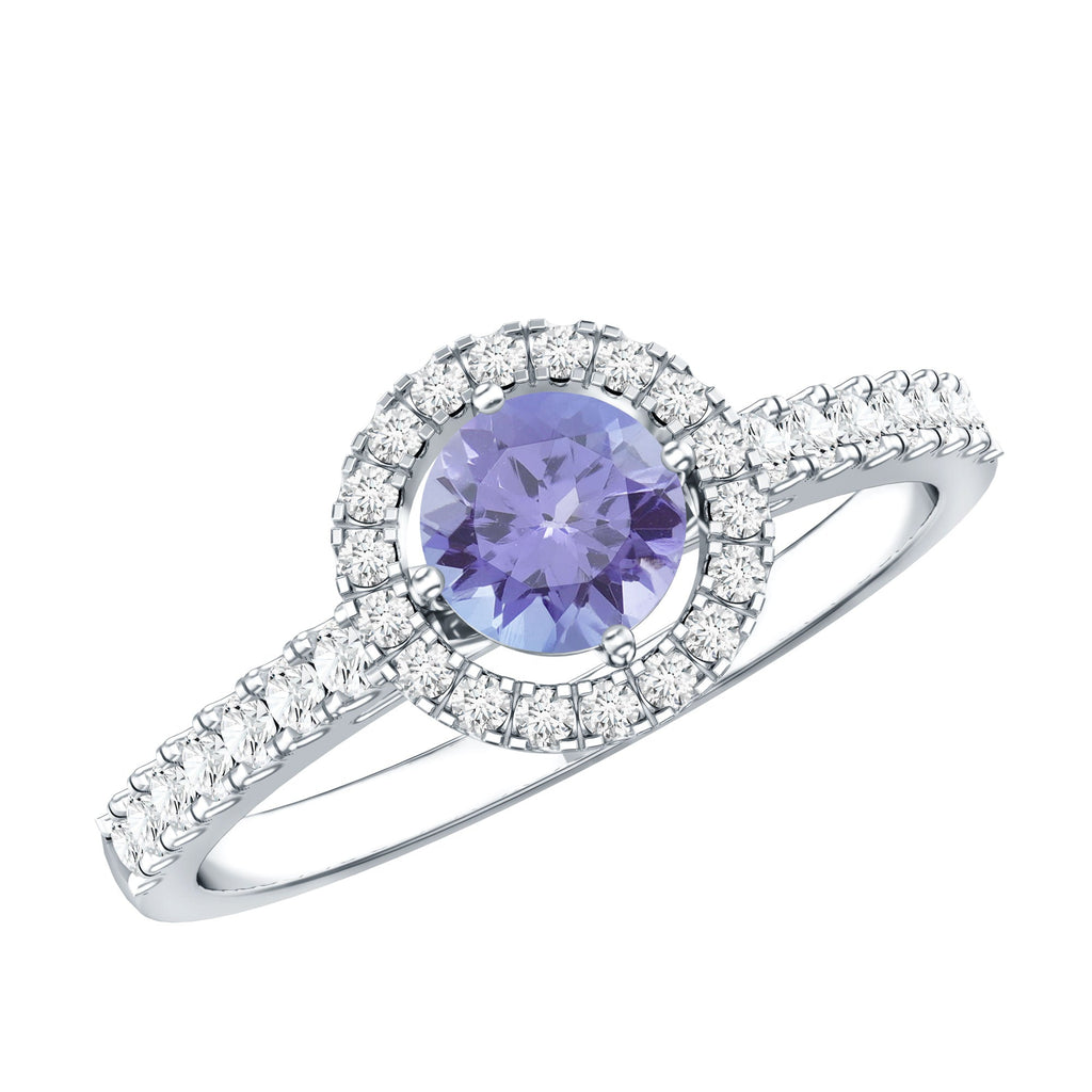 Tanzanite Promise Ring – 5mm Blue Gemstone Band With Diamond Halo Setting