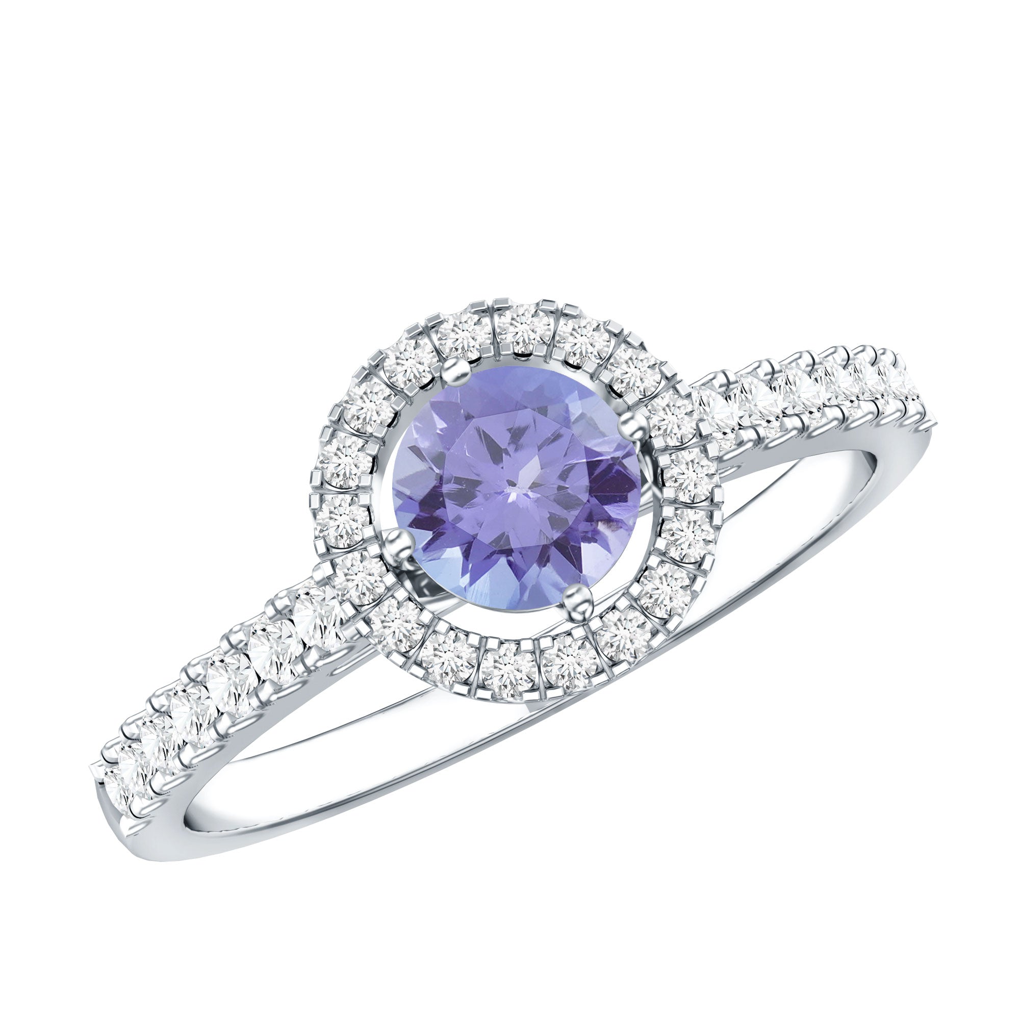 Tanzanite Promise Ring – 5mm Blue Gemstone Band With Diamond Halo Setting