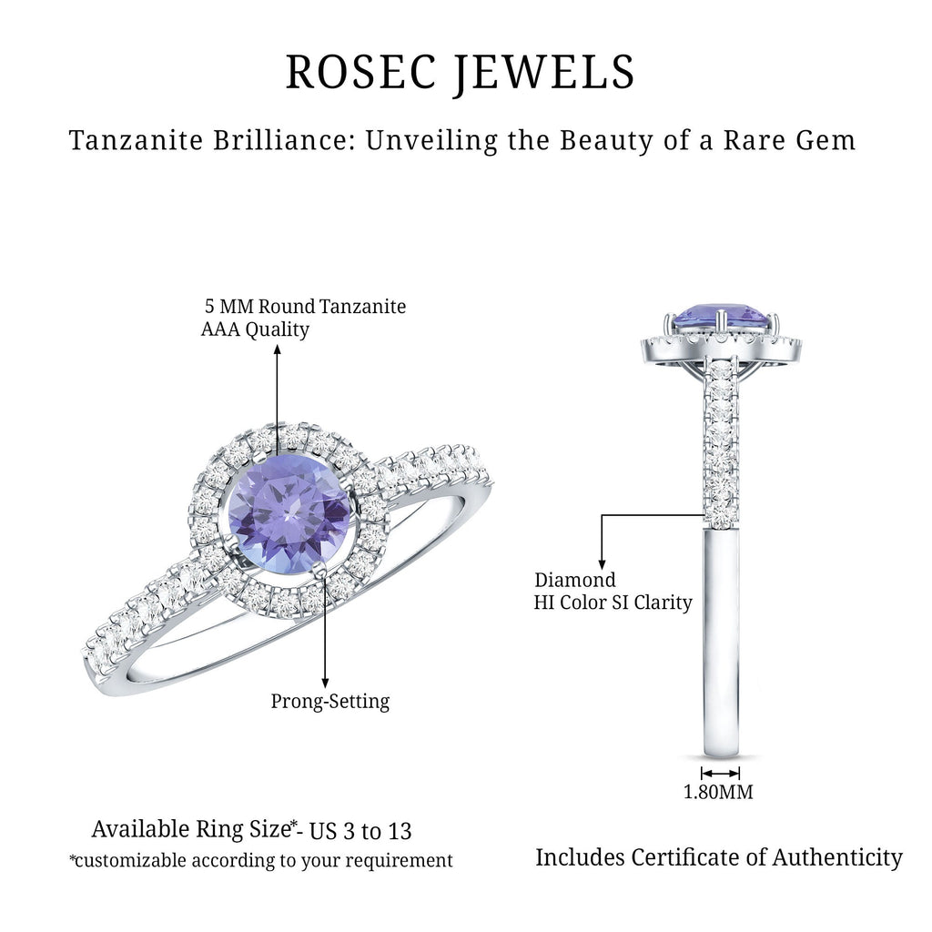 Tanzanite Promise Ring – 5mm Blue Gemstone Band With Diamond Halo Setting
