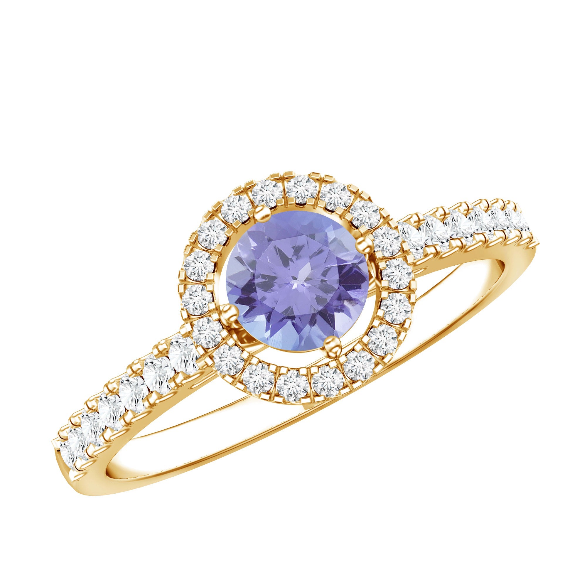 Tanzanite Promise Ring – 5mm Blue Gemstone Band With Diamond Halo Setting