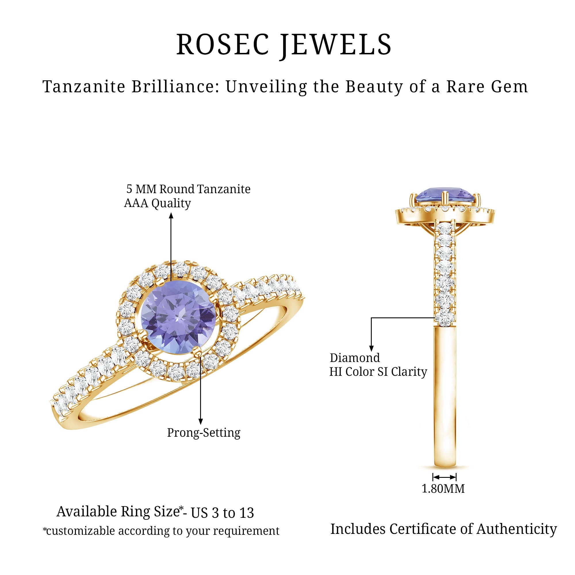 Tanzanite Promise Ring – 5mm Blue Gemstone Band With Diamond Halo Setting