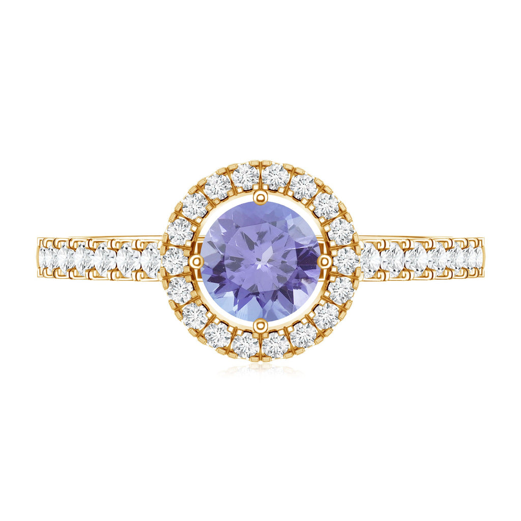 Tanzanite Promise Ring – 5mm Blue Gemstone Band With Diamond Halo Setting