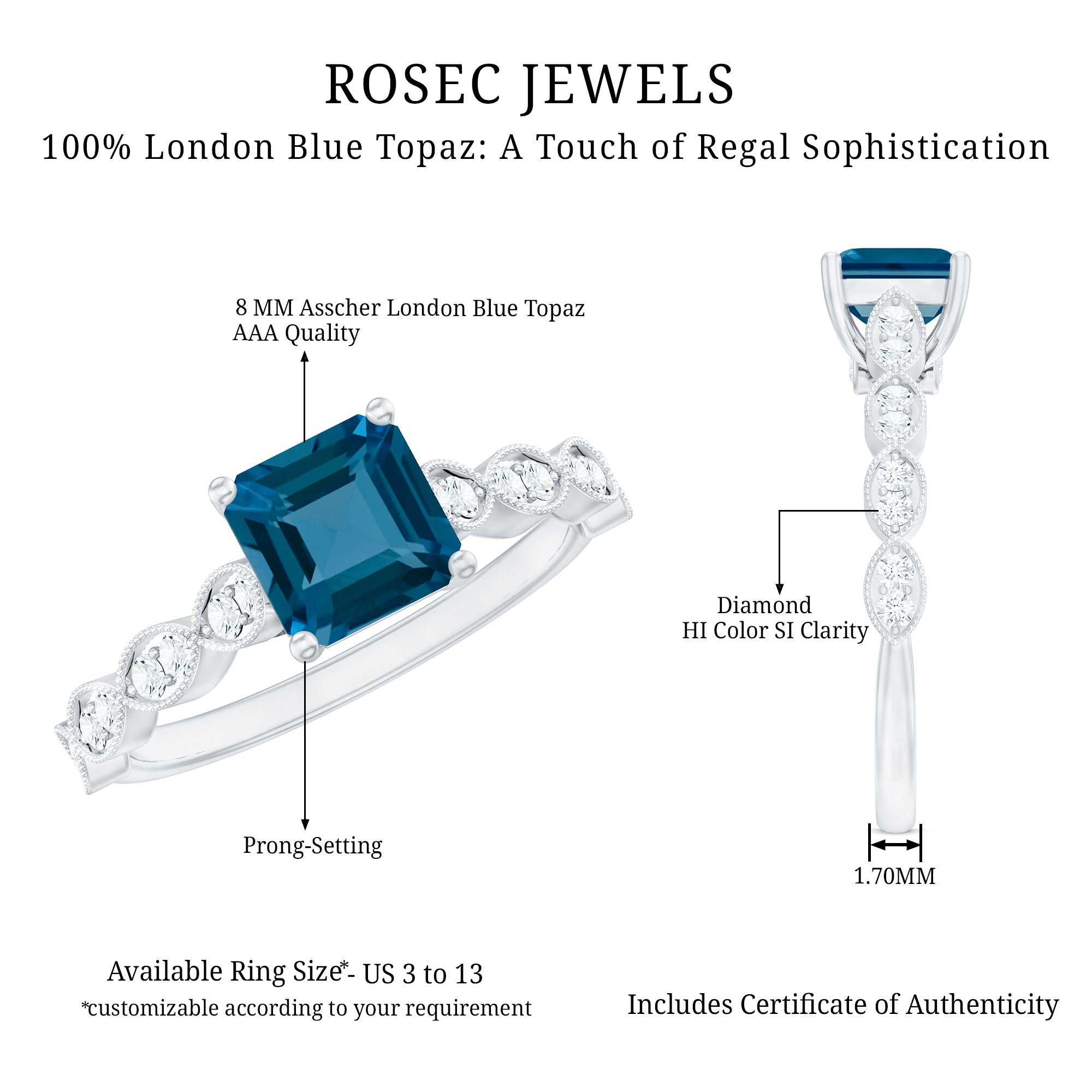 3 Carat Asscher Cut London Blue Topaz Designer Engagement Ring with Diamond
